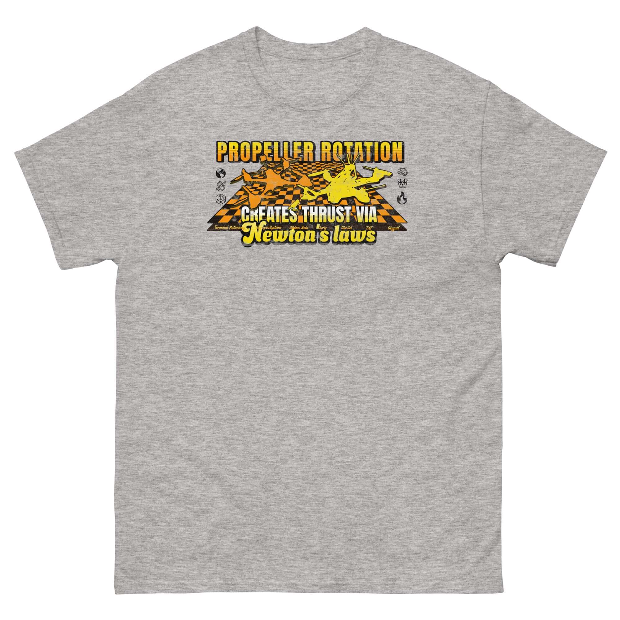 Propeller Rotation Physics T-Shirt featuring "Creates Thrust via Newton's Laws" design for drone science enthusiasts.