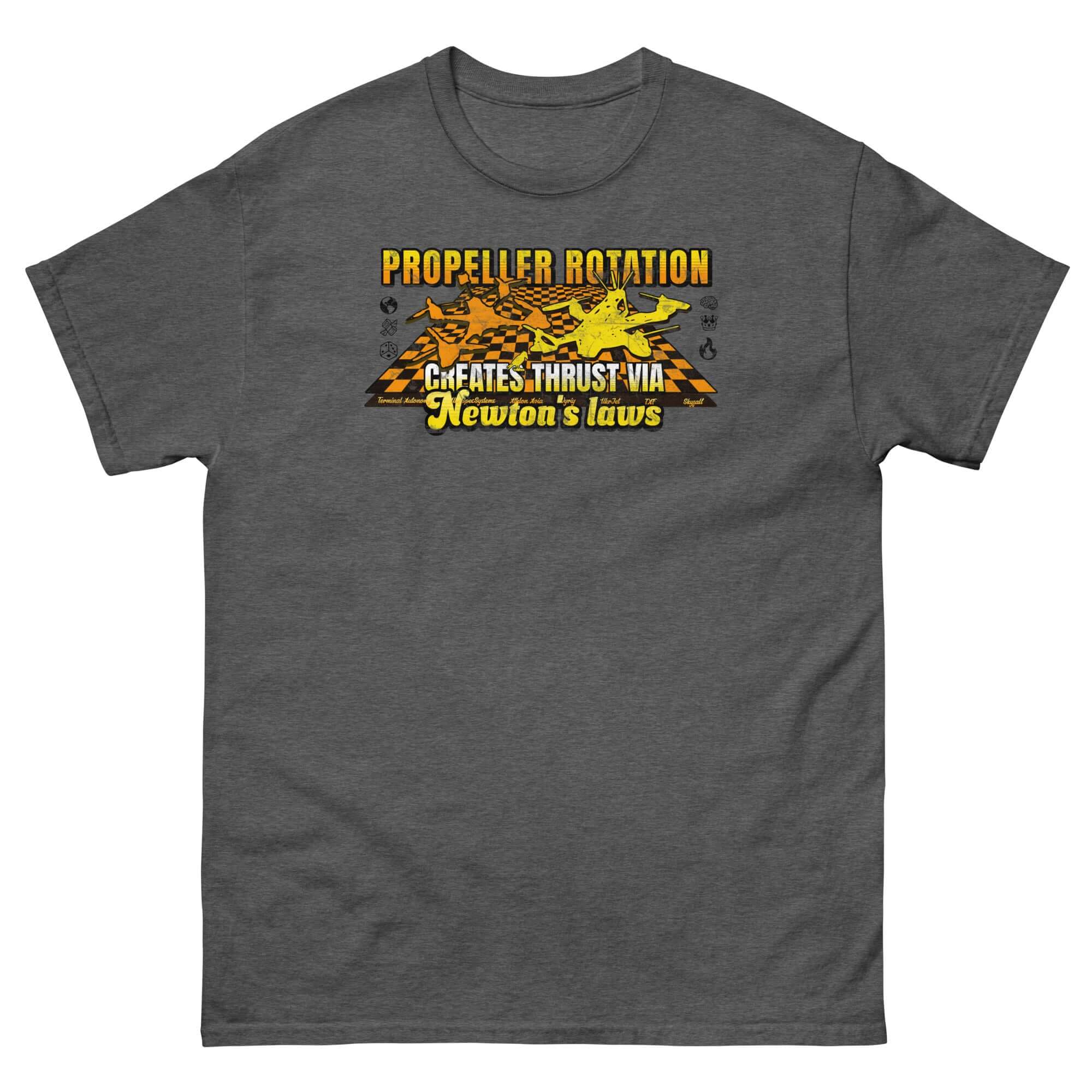 Propeller Rotation Physics T-Shirt featuring drone and Newton's laws, ideal for science enthusiasts and drone fans.