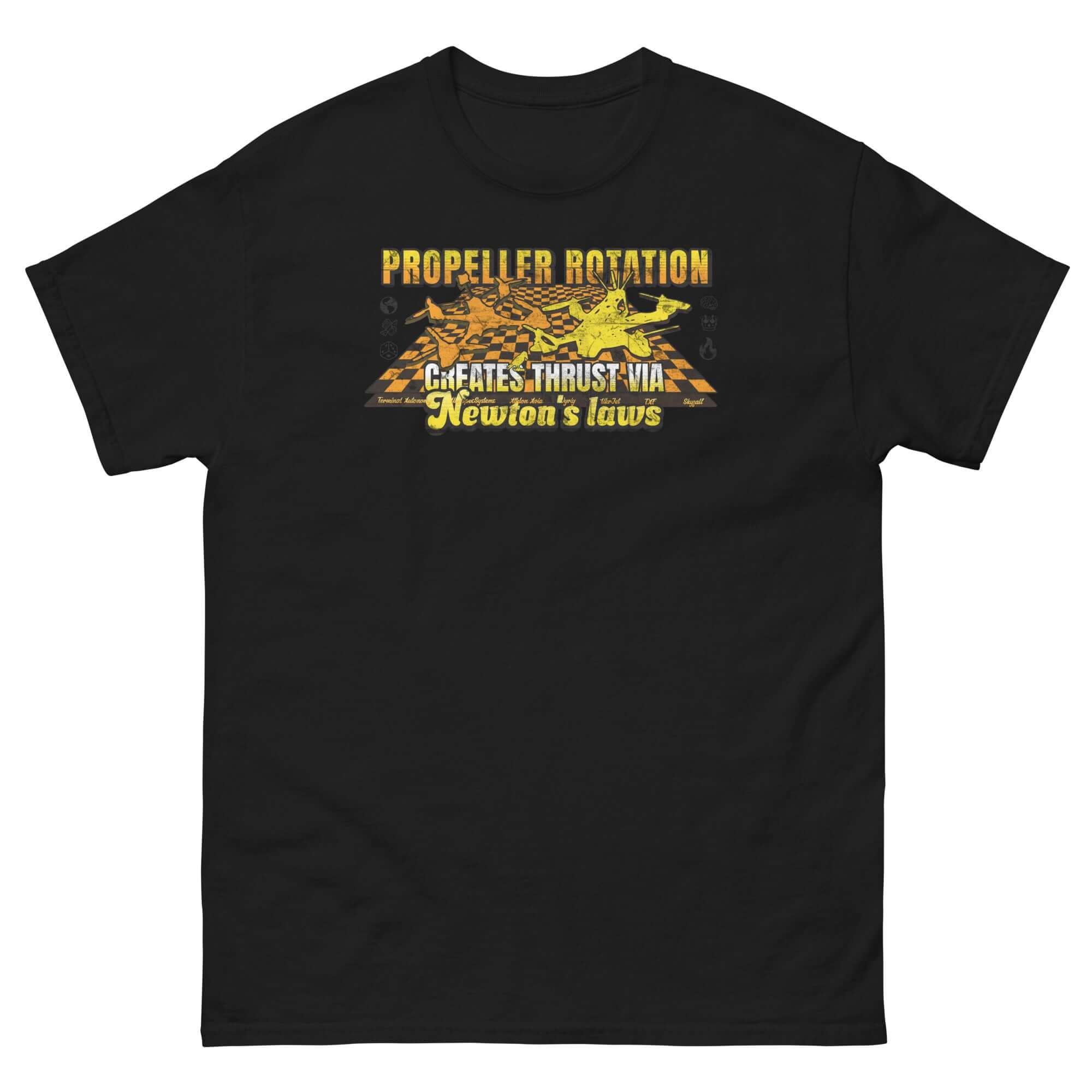 Propeller Rotation Physics T-Shirt with drone silhouette and Newton's laws graphic, ideal for drone enthusiasts.