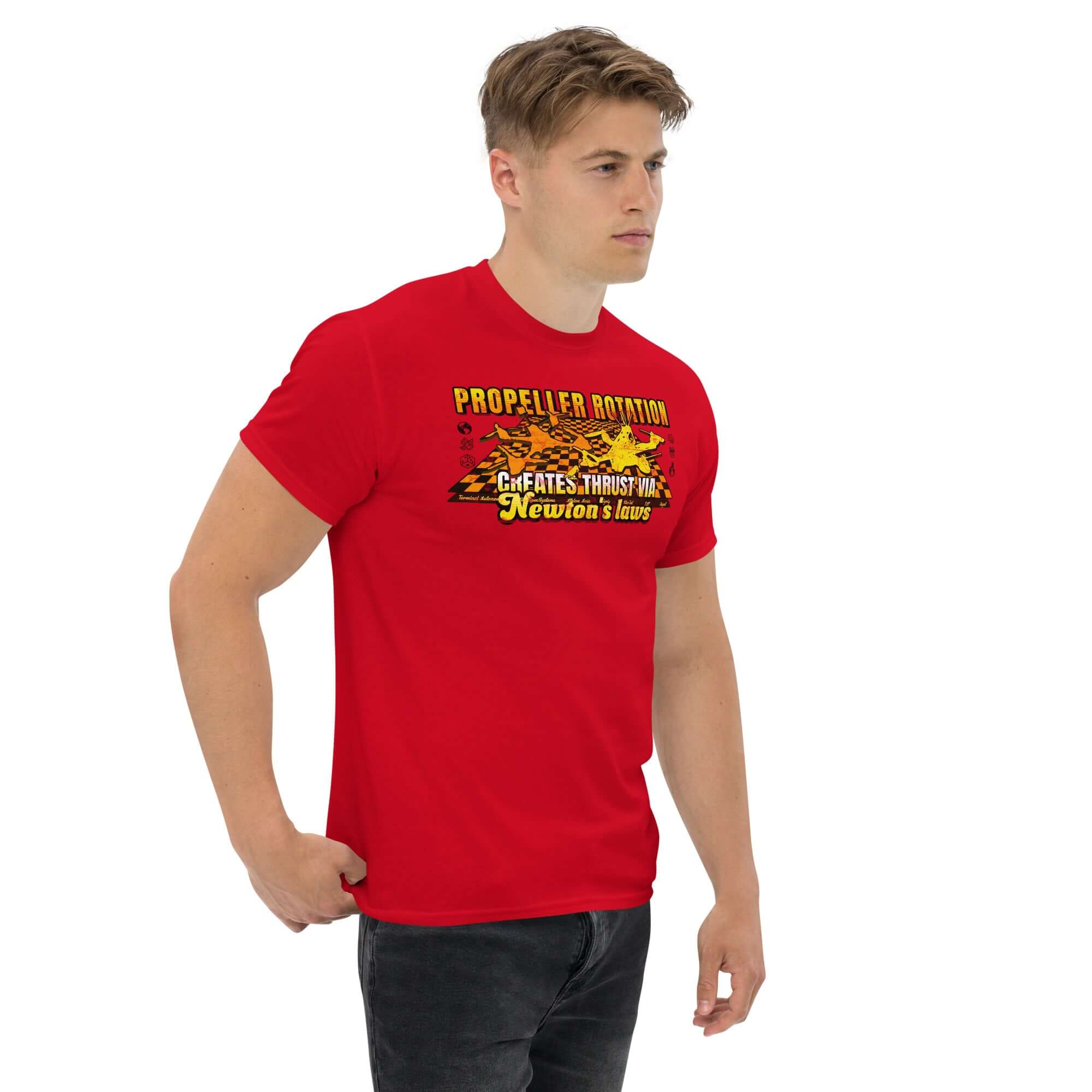 Man wearing red Propeller Rotation Physics T-Shirt featuring drone silhouette and text about Newton's laws.