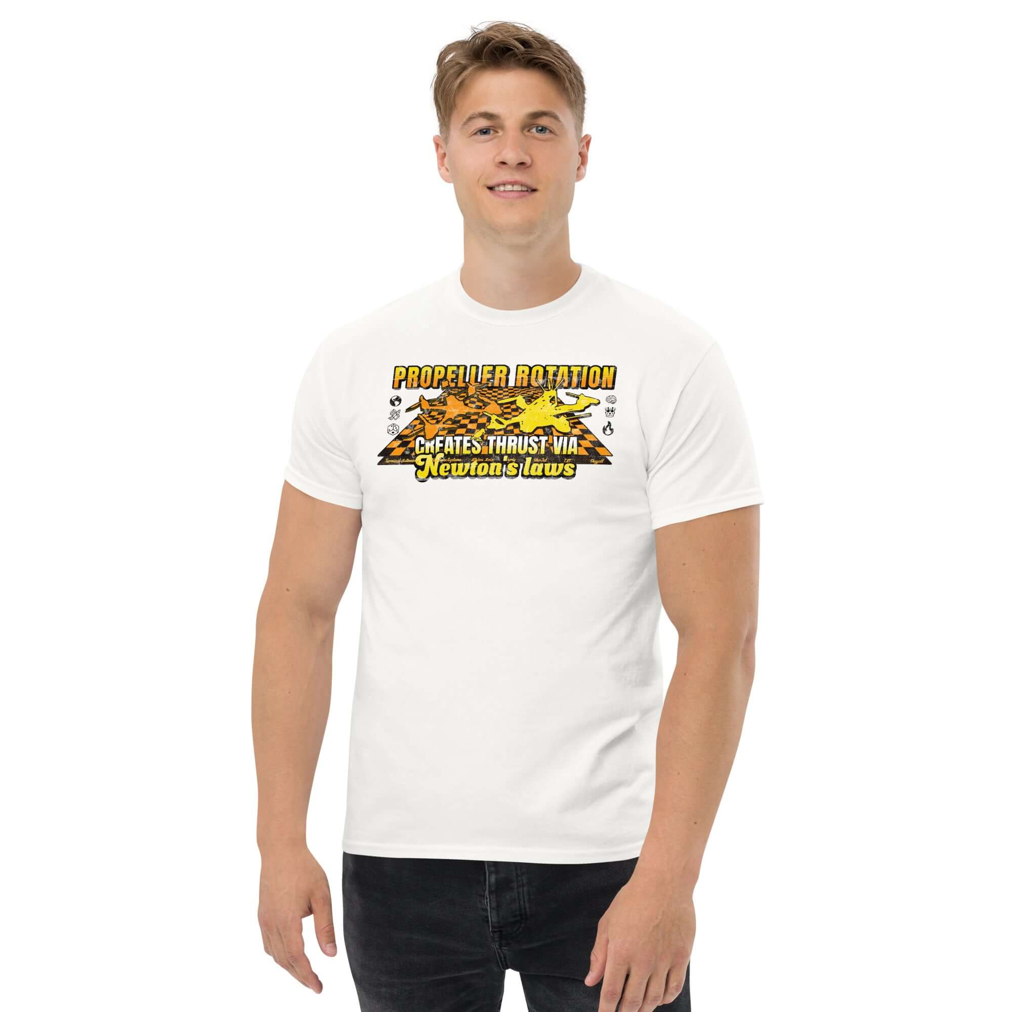 Man wearing Propeller Rotation Physics T-Shirt with drone silhouette and text "Creates Thrust Via Newton's Laws" for science enthusiasts.