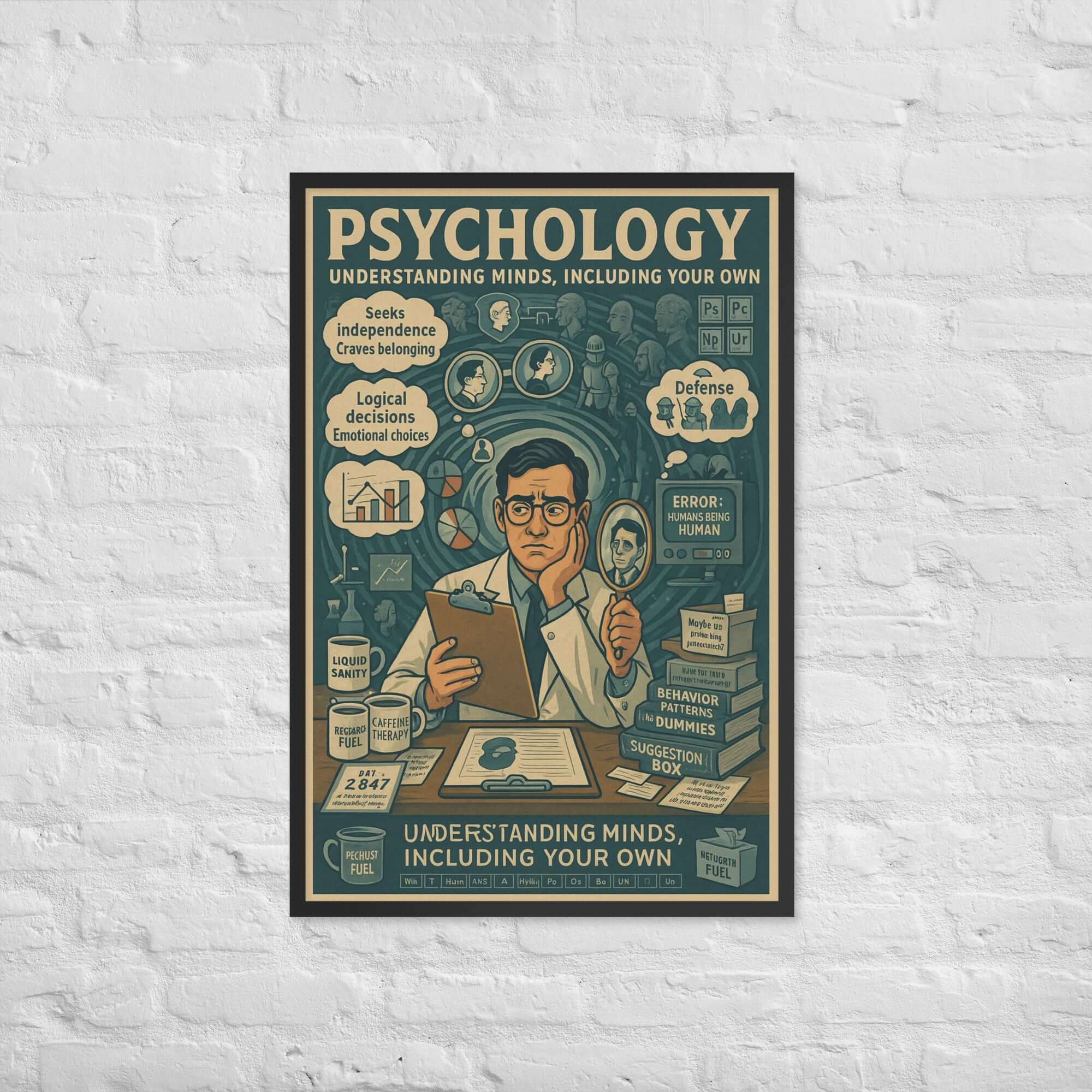 Vintage-style psychology wall poster featuring themes of understanding the human mind with humorous elements and illustrations.
