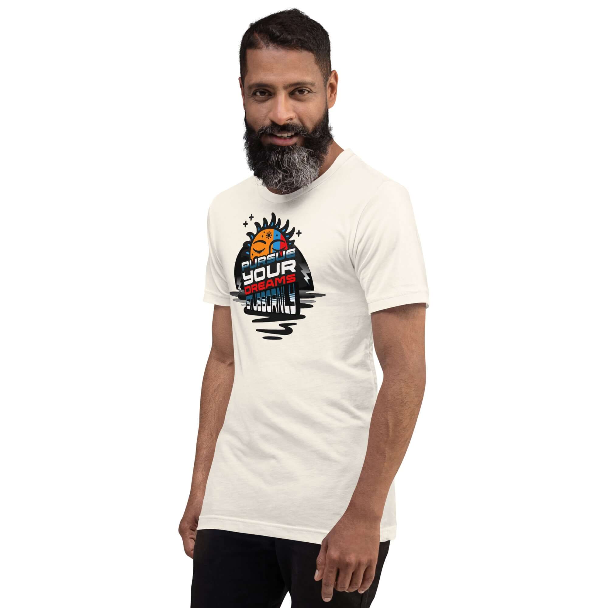 Man wearing 'Pursue Your Dreams Stubbornly' t-shirt by Cosmic Motivation Apparel, featuring cosmic design and motivational slogan.