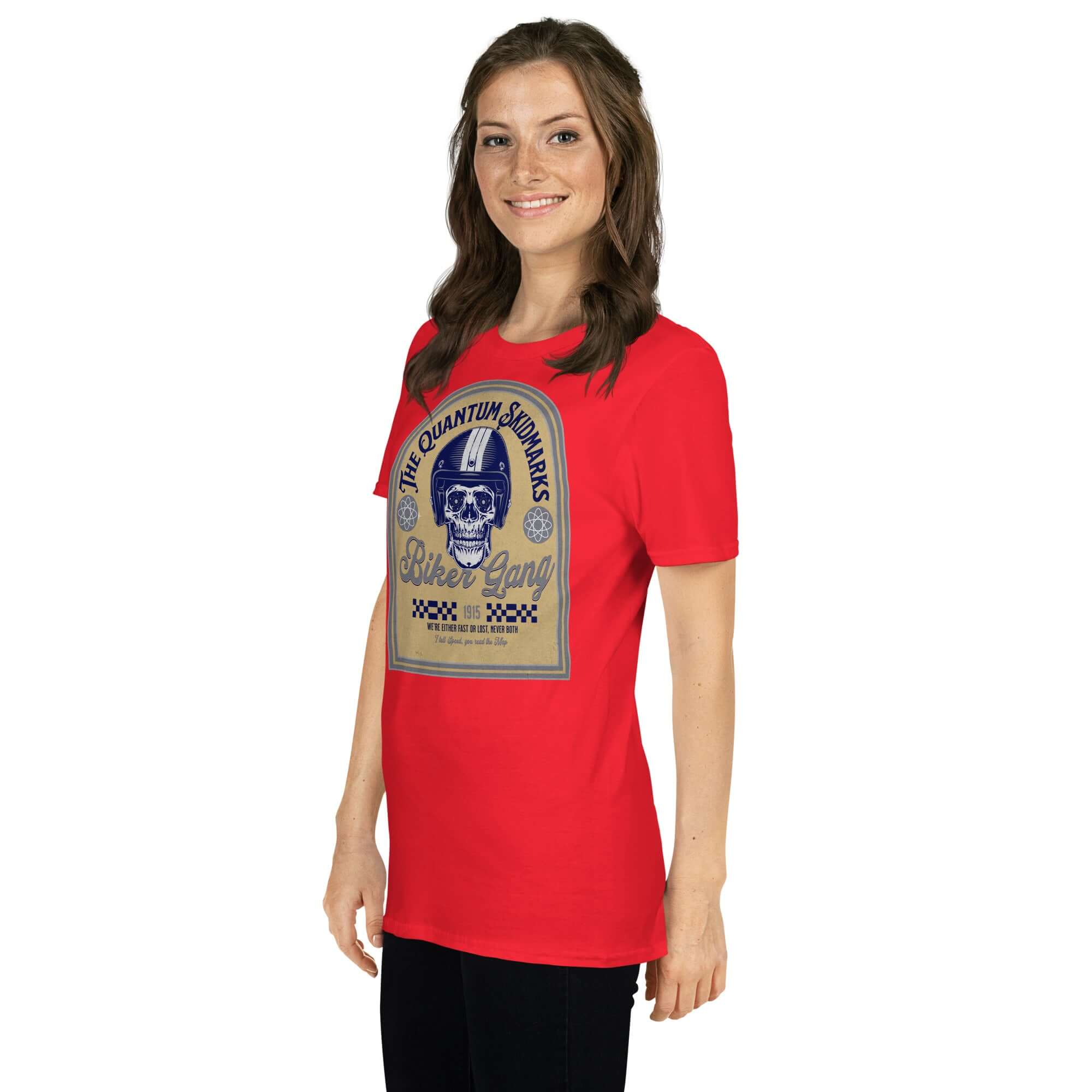 Red Quantum Skidmarks Motorcycle Club T-Shirt featuring a skull logo for physics biker enthusiasts.