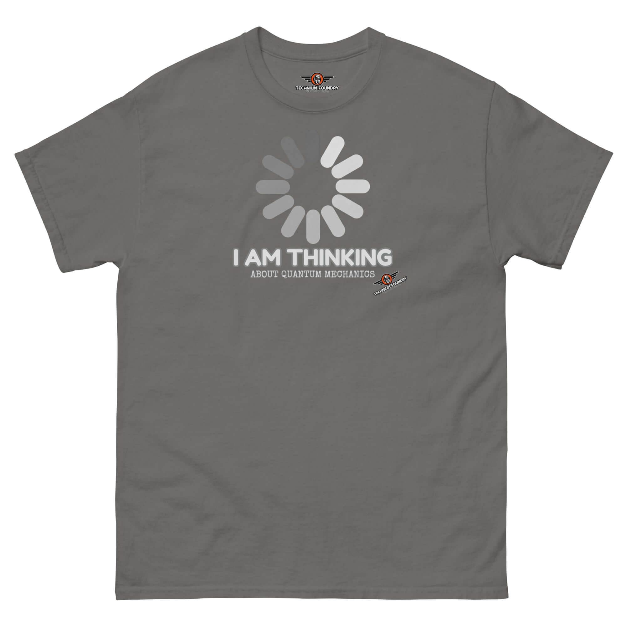 Grey t-shirt with 'I Am Thinking About Quantum Mechanics' and loading screen graphic, inspired by Schrödinger's cat concept.