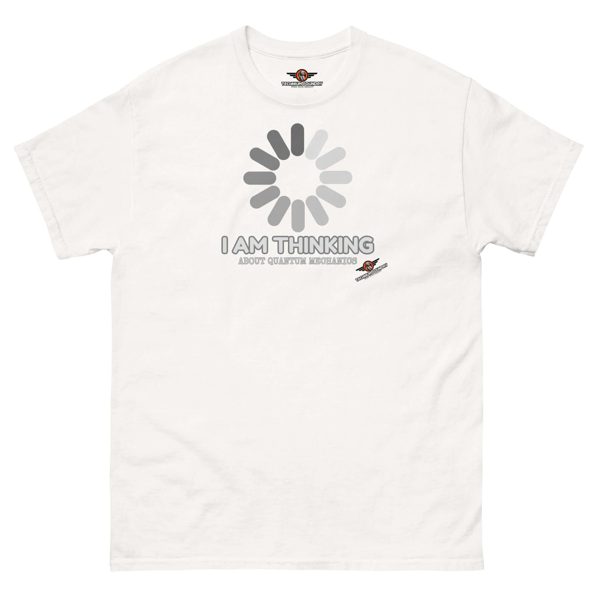 Quantum Mechanics Loading Screen T-Shirt featuring Schrödinger's Buffer, perfect for science enthusiasts and quantum thinkers.