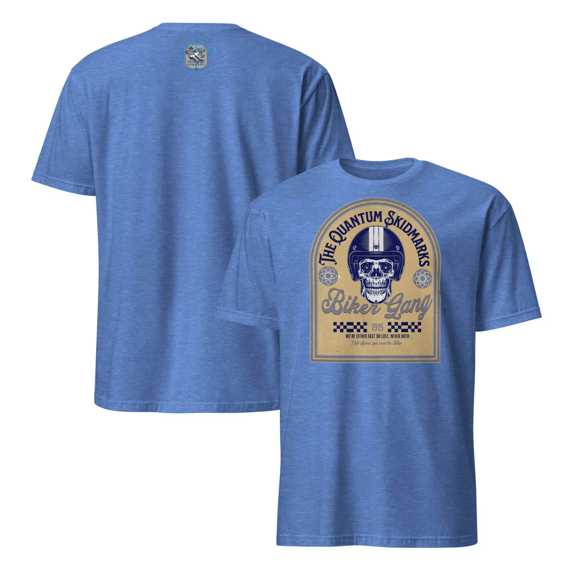 Men's Quantum Skidmarks Motorcycle Club T-Shirt featuring a skull emblem, perfect for physics enthusiasts and biker gang fans.