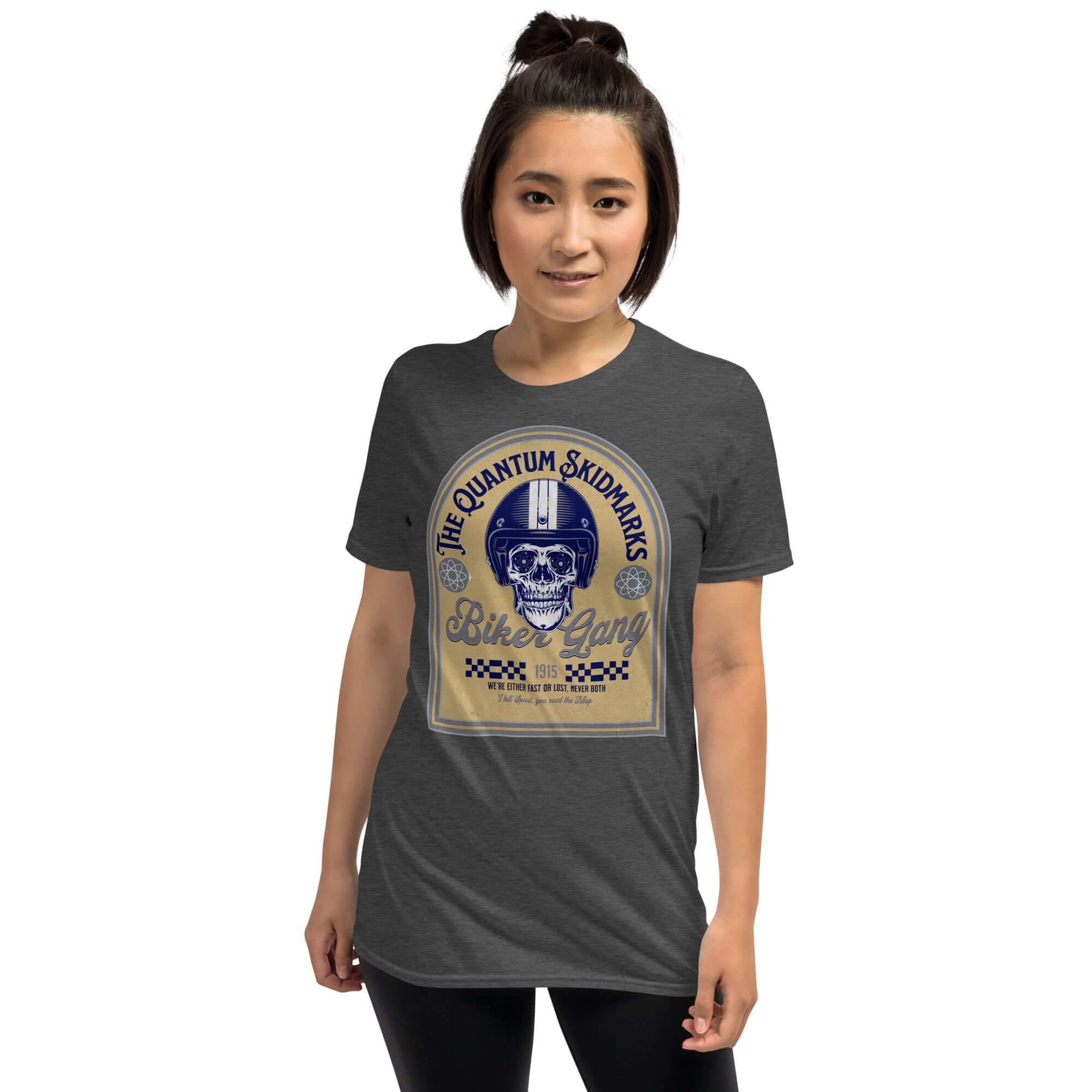 Alt Tag: Woman wearing Quantum Skidmarks Motorcycle Club T-Shirt with skull and biker theme graphic, promoting physics biker gang.