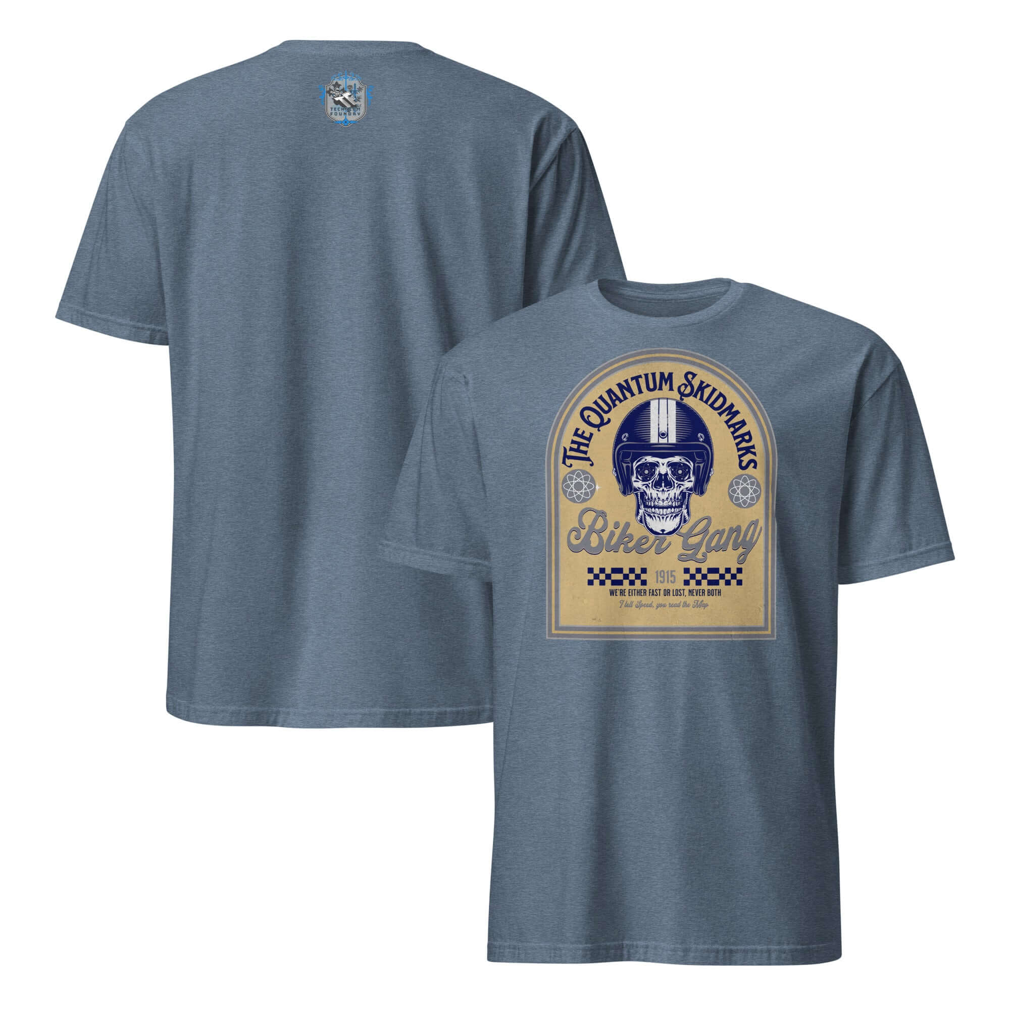 Quantum Skidmarks Motorcycle Club T-Shirt featuring skull emblem, perfect for physics-loving bikers. Vintage biker gang tee.