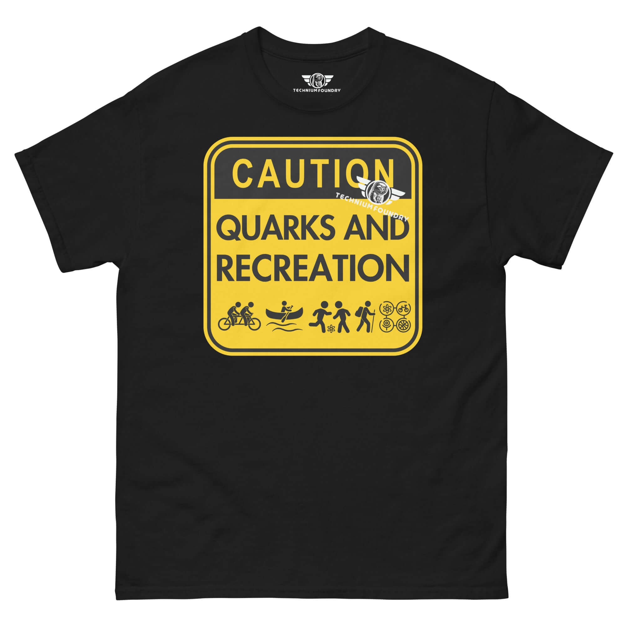 Black t-shirt with 'Caution Quarks and Recreation' physics-themed warning sign design in yellow.