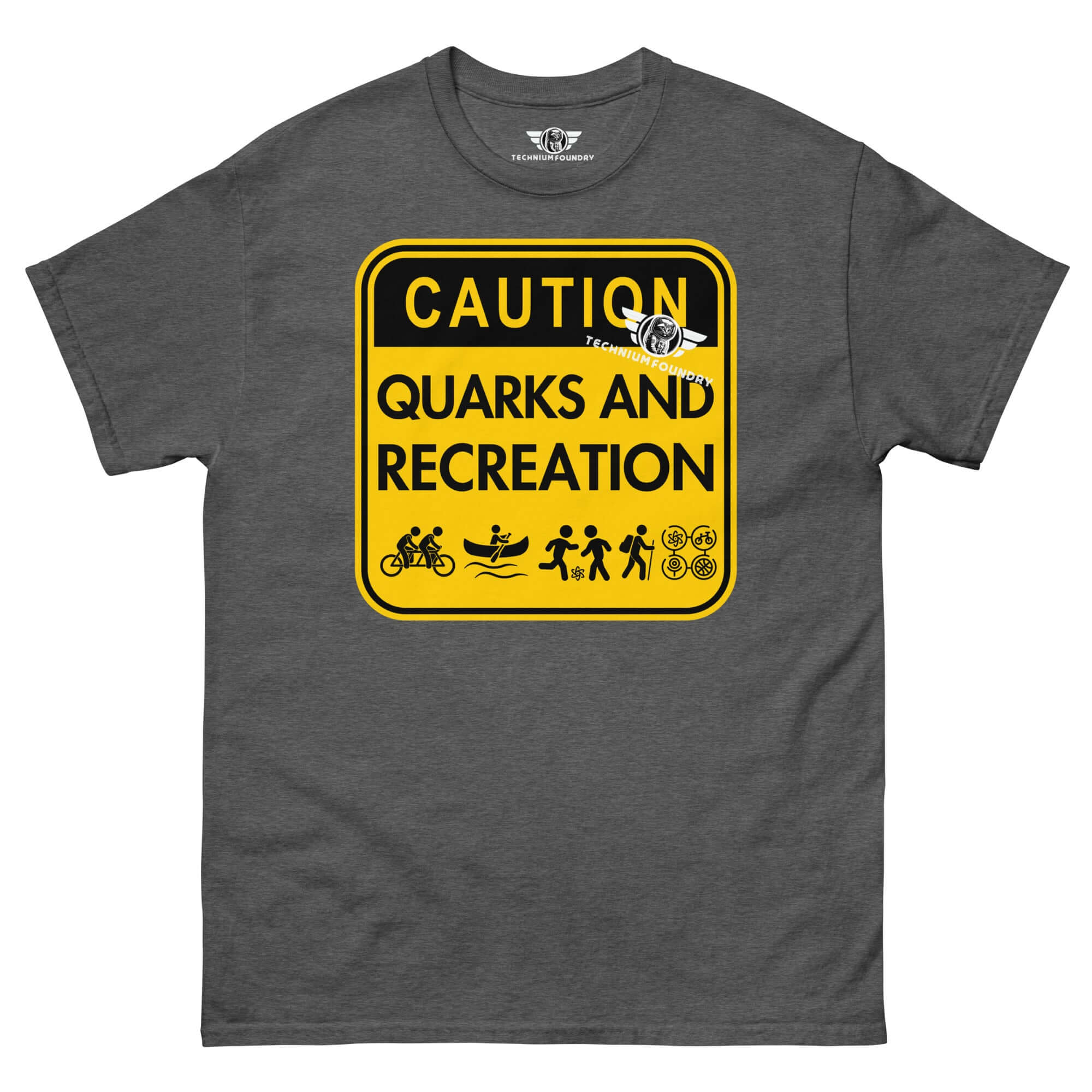 Gray t-shirt featuring 'Caution: Quarks and Recreation' design with physics humor in yellow warning sign style.