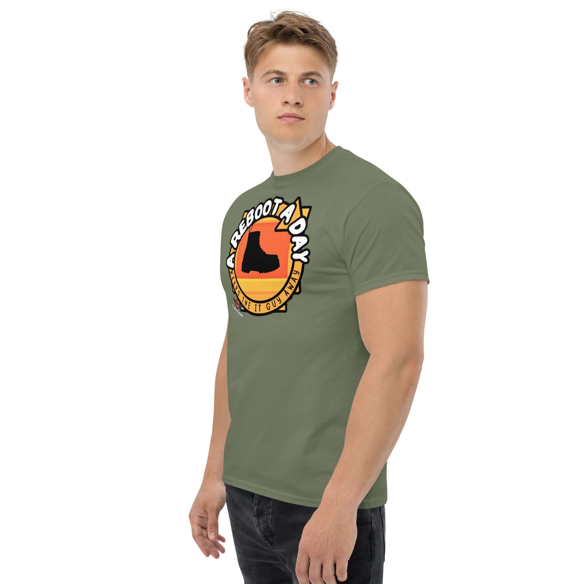 Green "A Reboot A Day" IT support humor t-shirt featuring tech help desk boot design with sunset background.