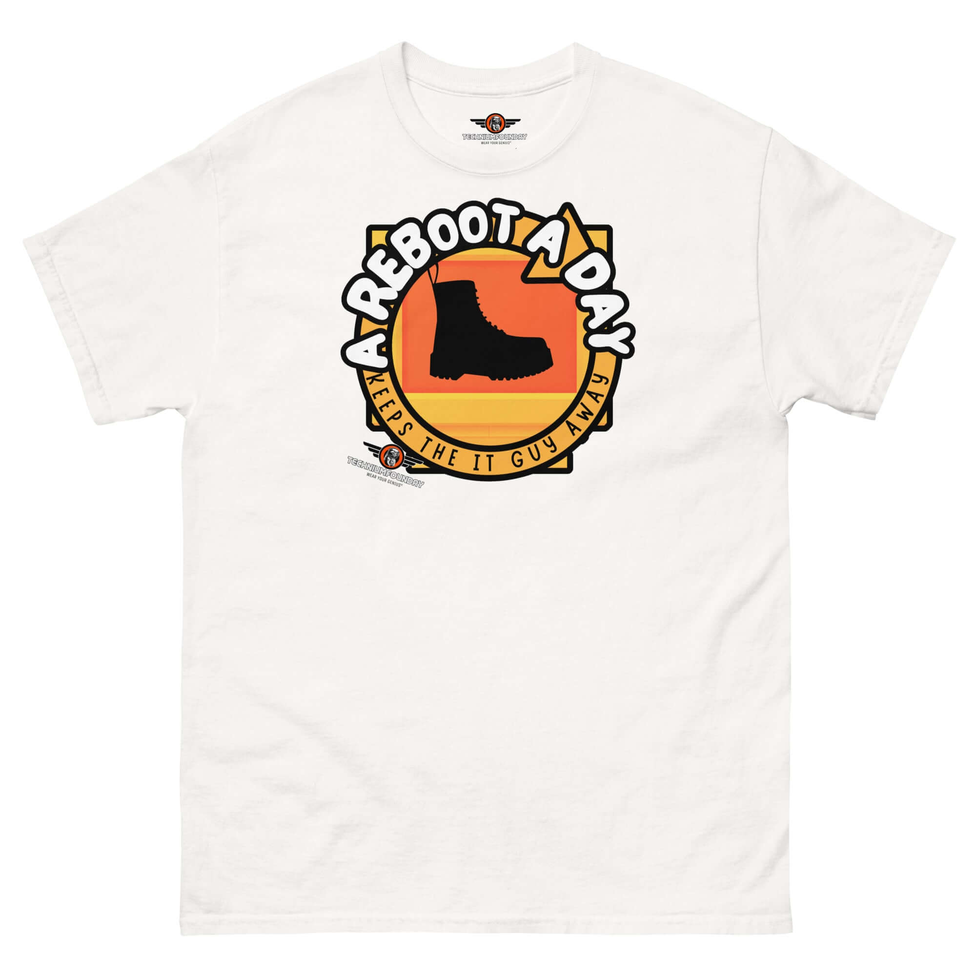 Humorous IT support t-shirt featuring a boot and the text 'A Reboot A Day Keeps the IT Guy Away' on a sunset background.