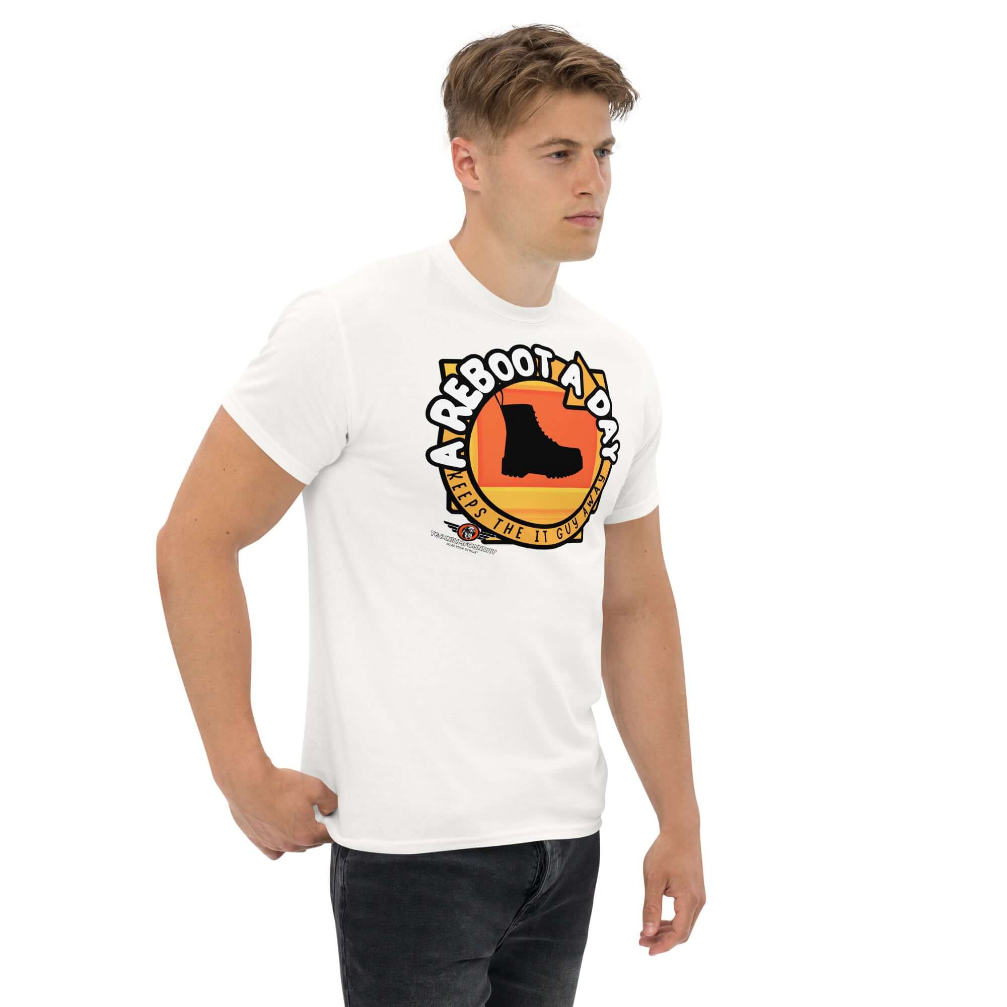 Man wearing 'A Reboot A Day' IT support humor t-shirt with tech help desk boot design.
