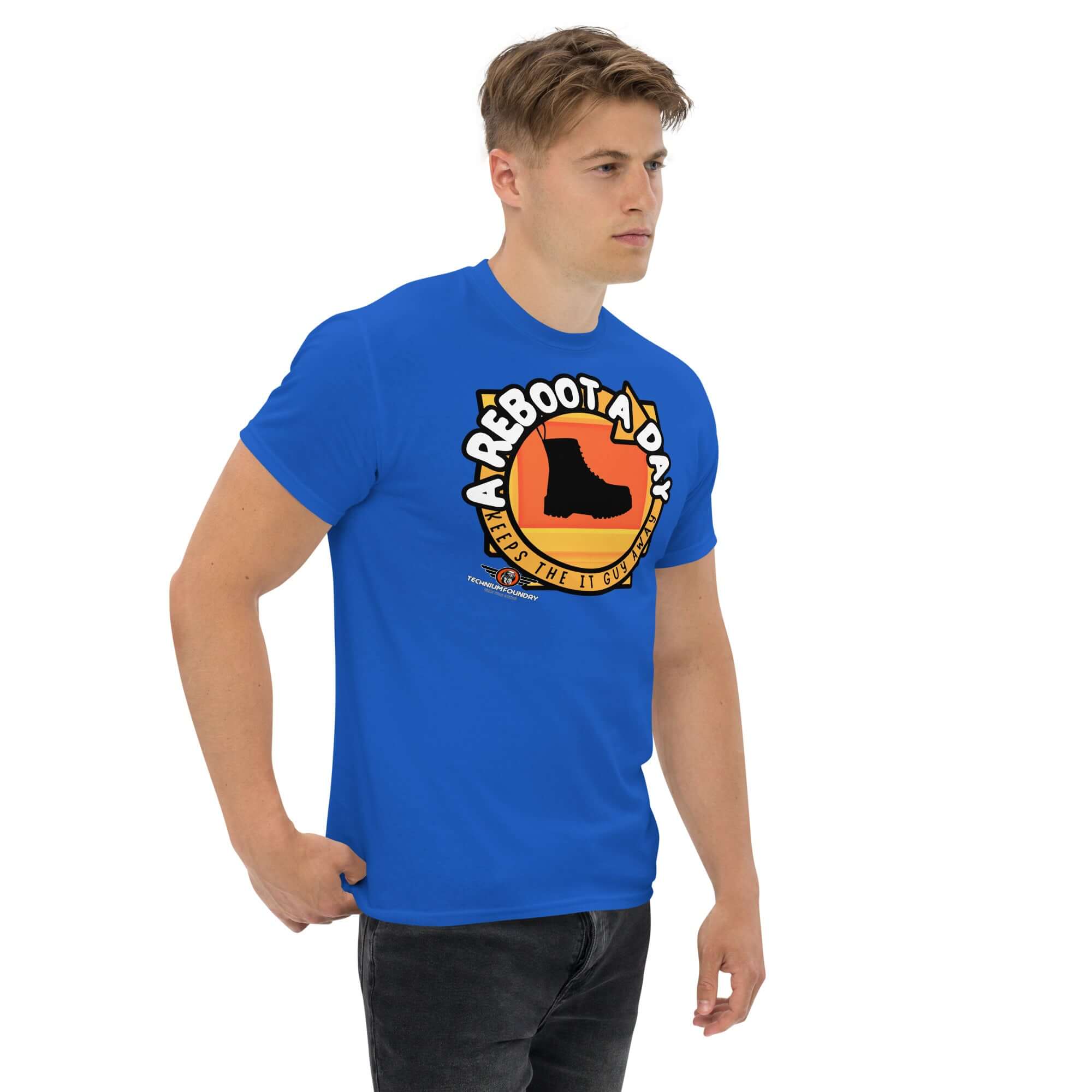 Blue 'A Reboot A Day' IT support humor t-shirt featuring combat boot design and tech support theme.