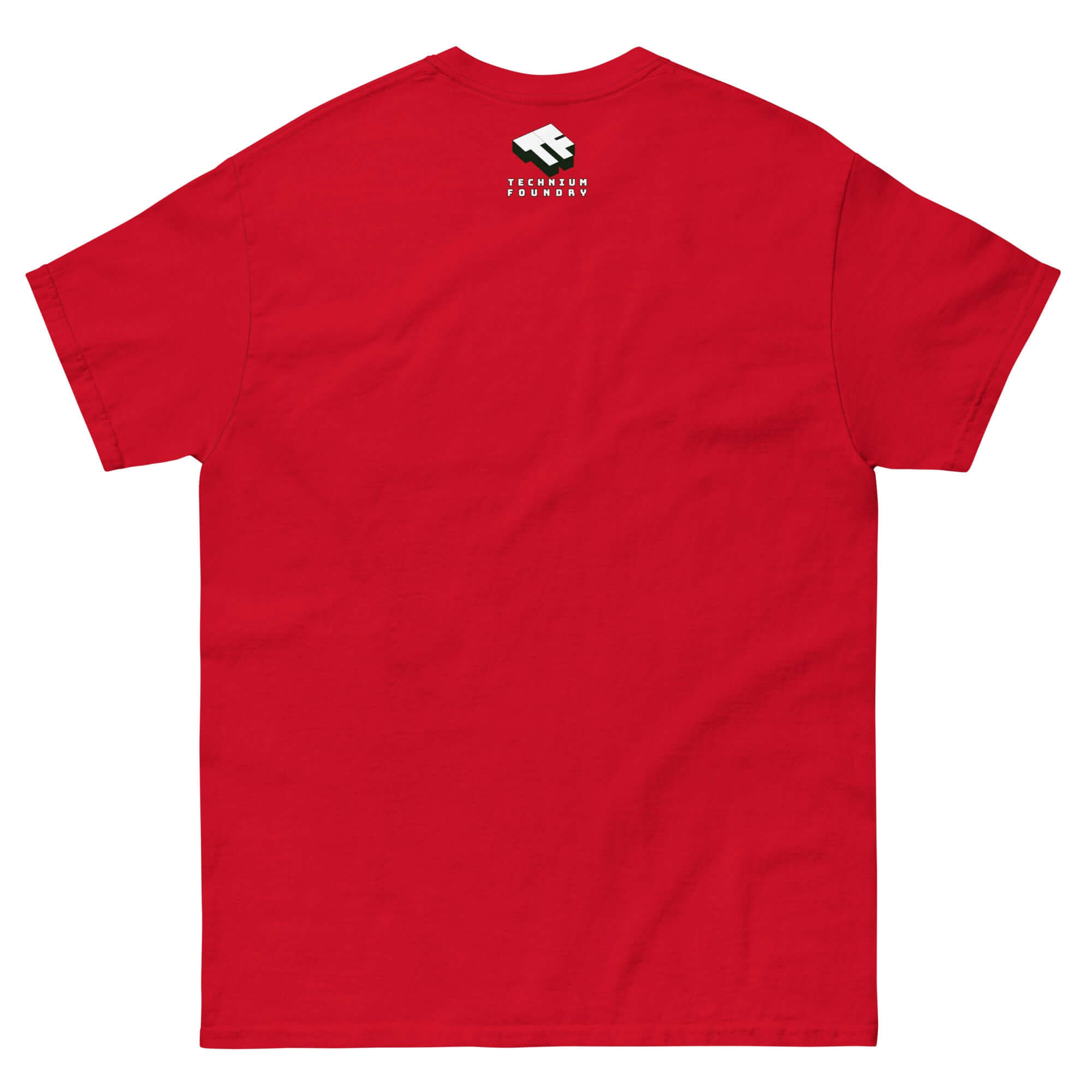Back view of red "May The F=MA Be With You" T-shirt, science and sci-fi parody design, featuring F=MA physics equation graphic.