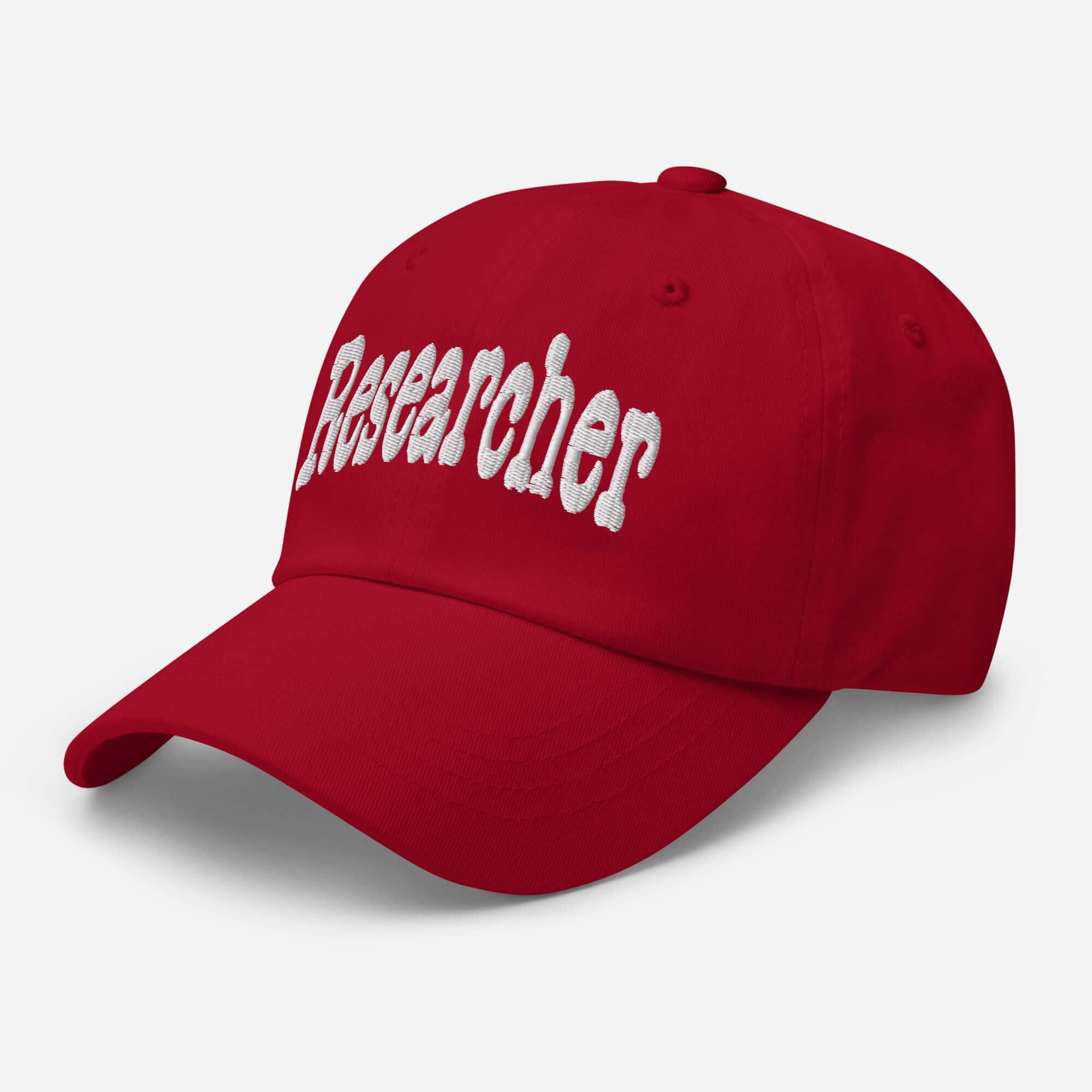 Red "Researcher" baseball cap, perfect for professionals dedicated to inquiry and exploration.