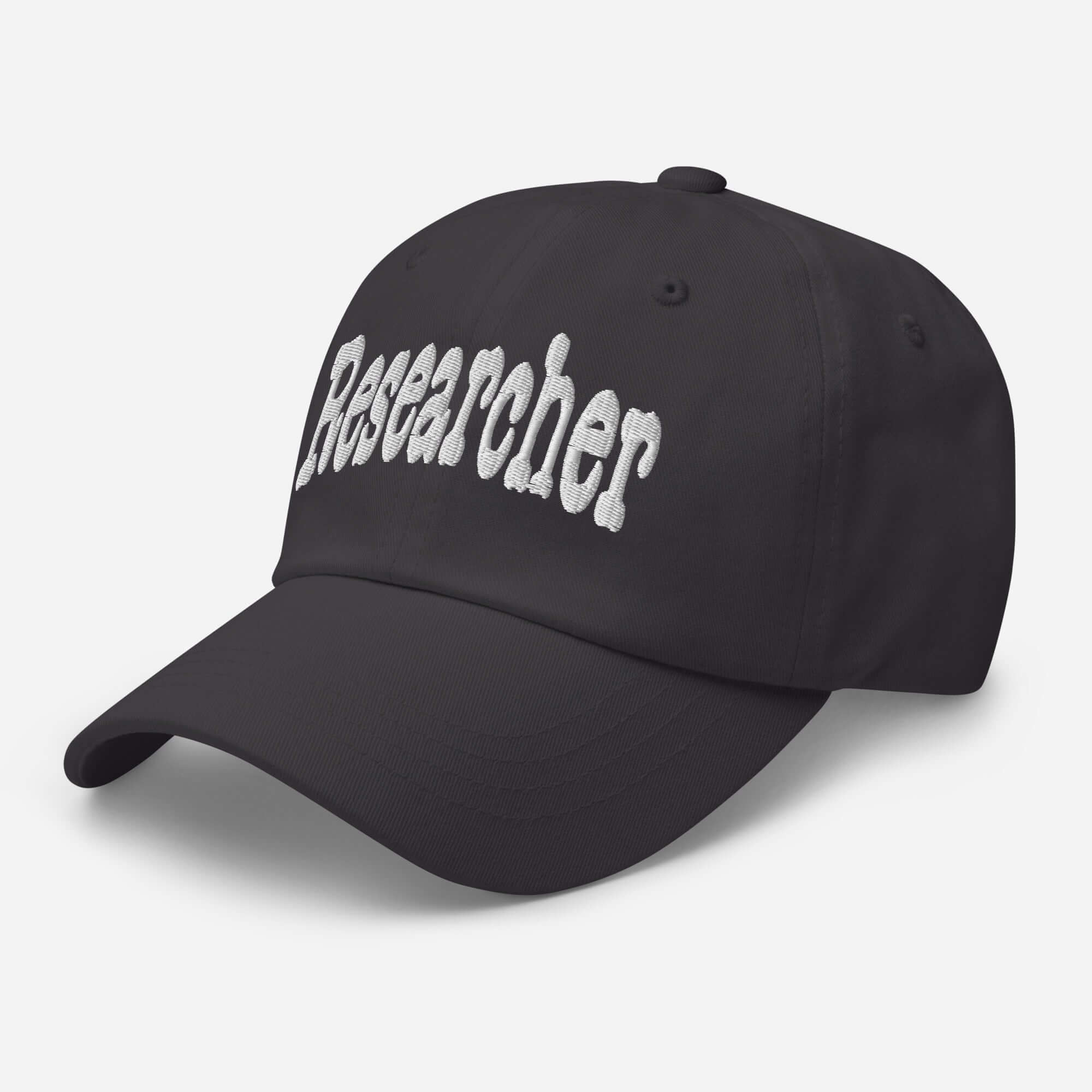 Black baseball cap with "Researcher" embroidered, symbolizing professional question-asking headwear for curious minds.