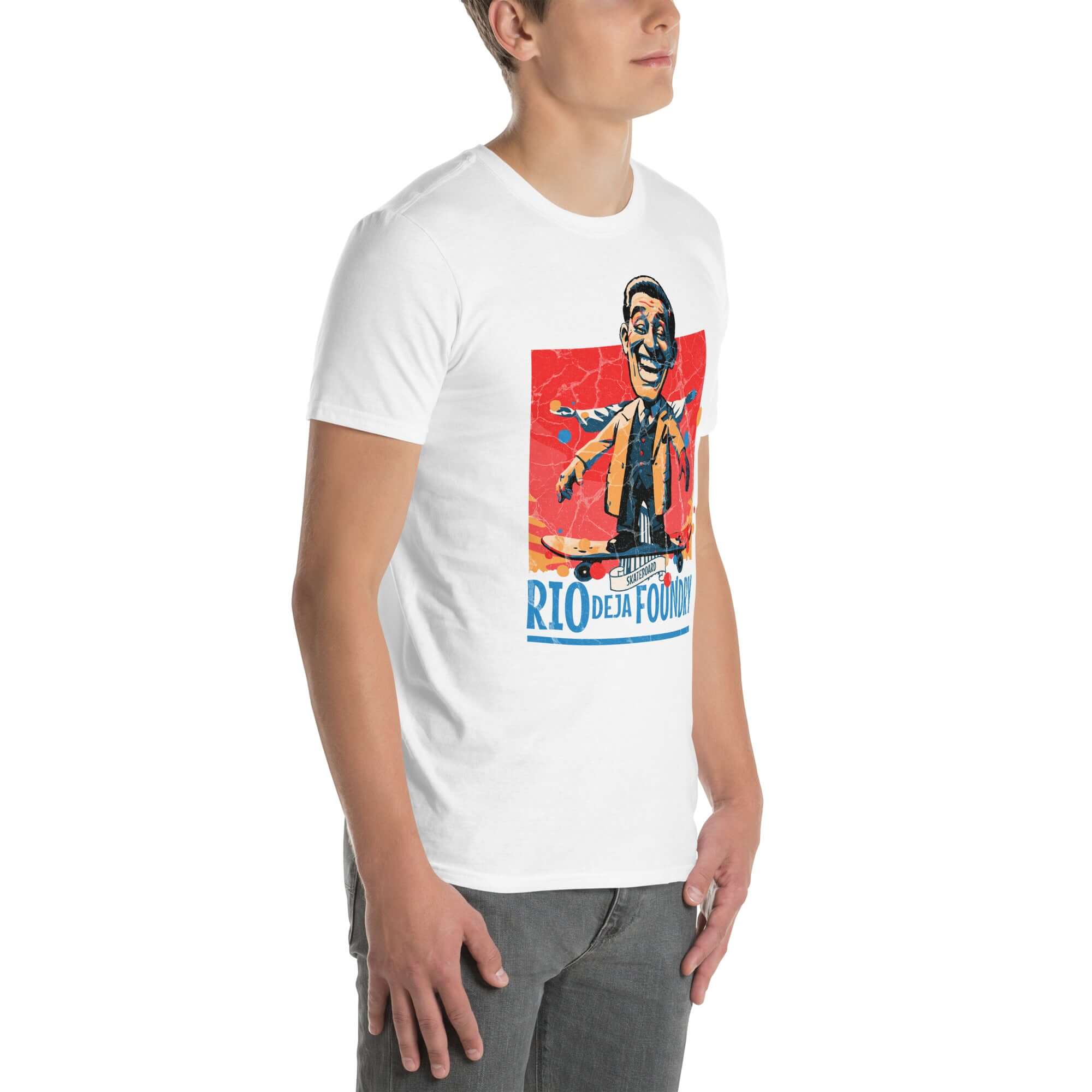 Vintage skateboarding character T-shirt - "Rio De La Foundry" with grinning skater in mustard jacket and blue vest.