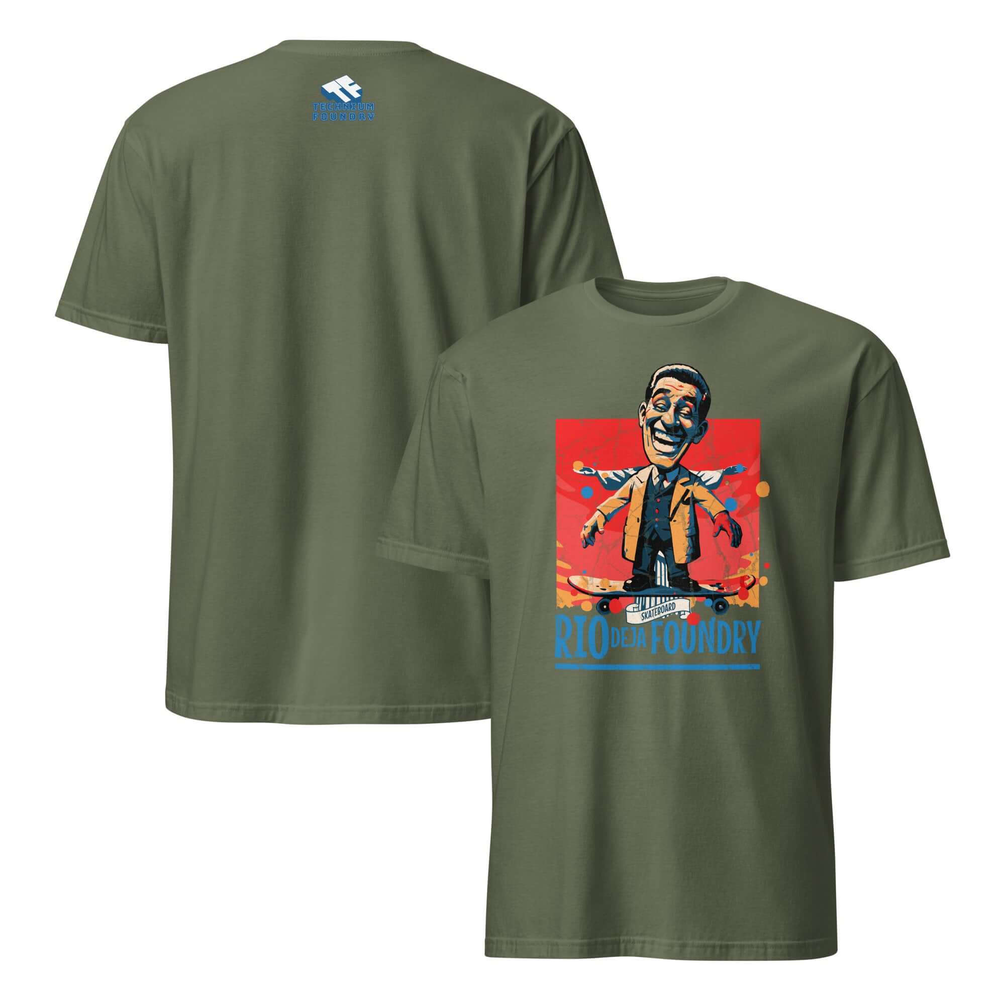 Alt Tag: Rio De La Foundry T-Shirt with a vintage skateboarding character in a mustard jacket, blue vest, pure skateboarding ecstasy.