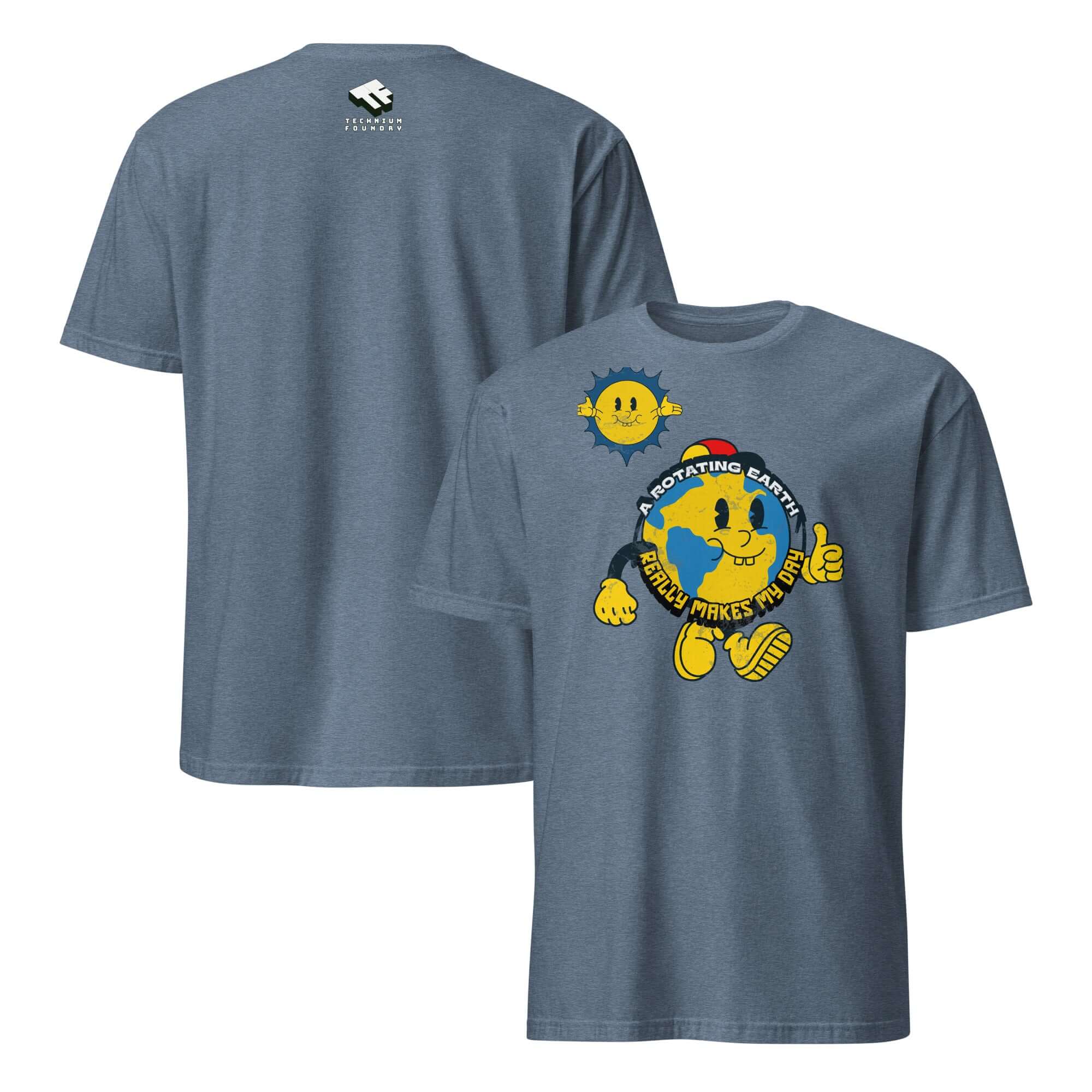 Blue t-shirt featuring a smiling cartoon Earth with thumbs up and text 'A Rotating Earth Really Makes My Day' by Cheerful Planet Apparel