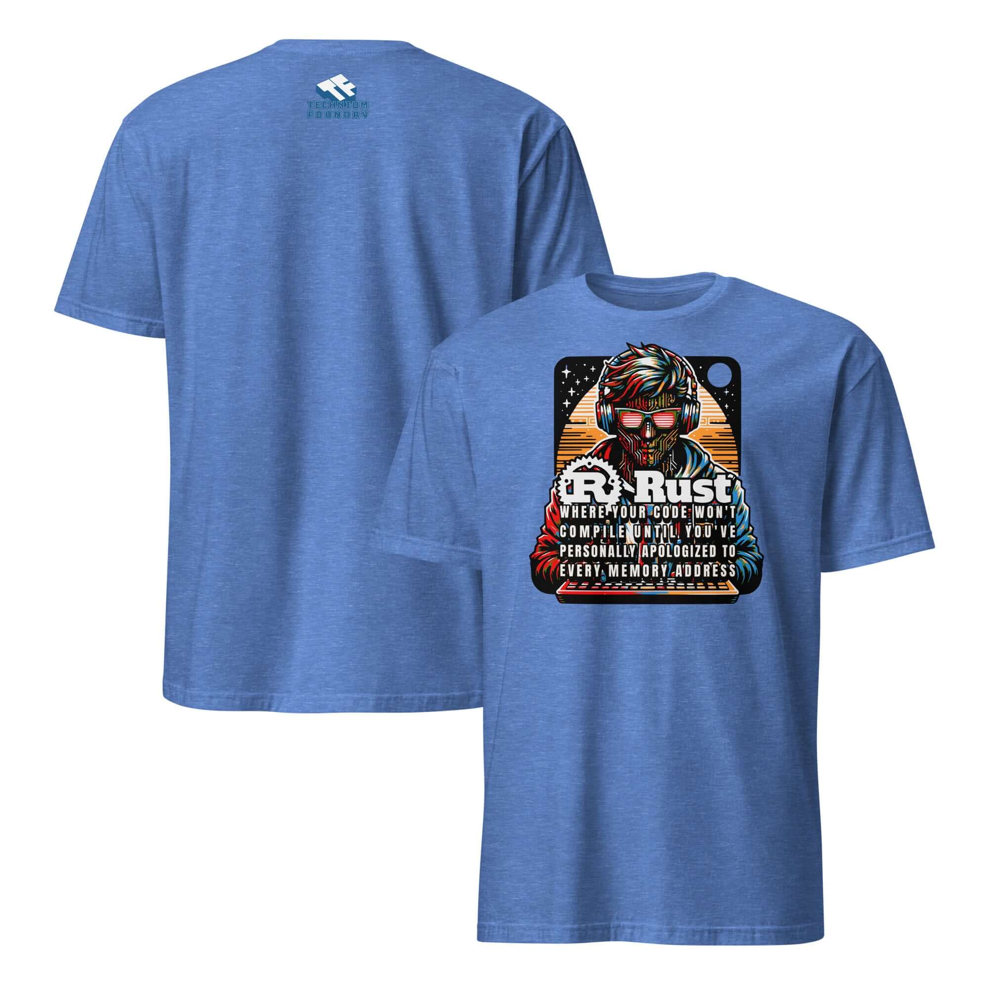 Cyberpunk Rust programming t-shirt with digital deity design, featuring coder humor and memory safety theme in blue.