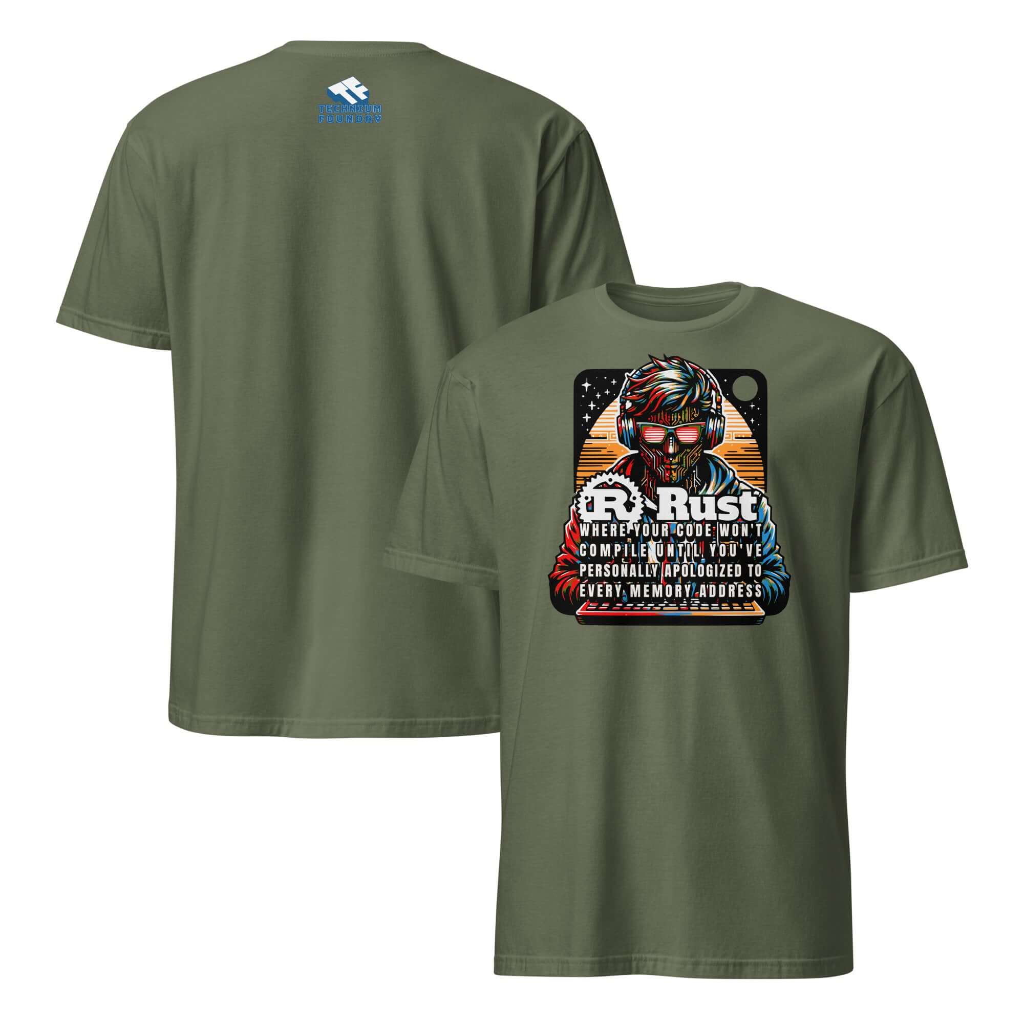 Green Rust Programming T-Shirt featuring cyberpunk coder design with memory safety and humor elements.