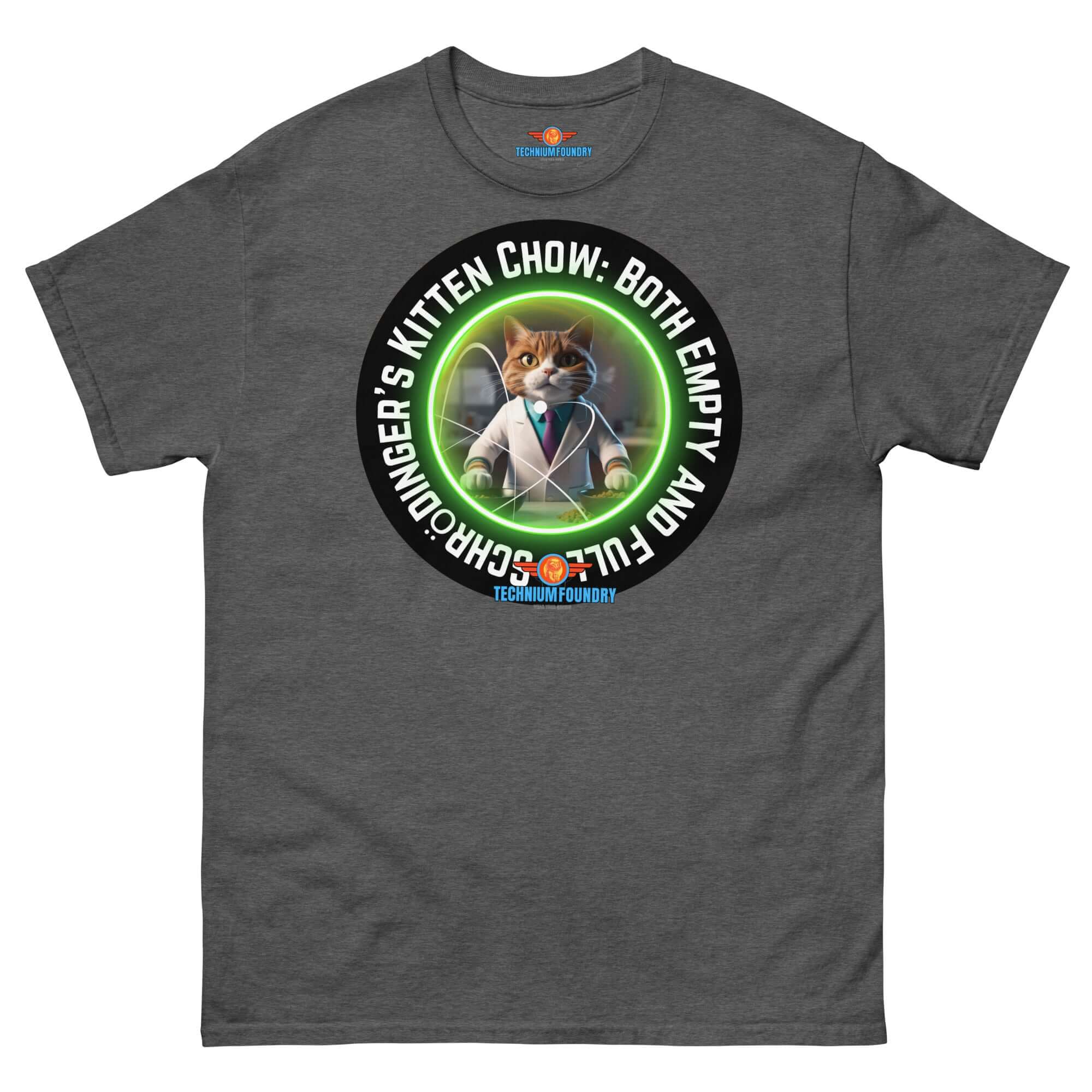 Quantum Fashion "Schrödinger's Kitten Chow" Tee from Technium Foundry featuring a dapper cat in a paradoxical design.