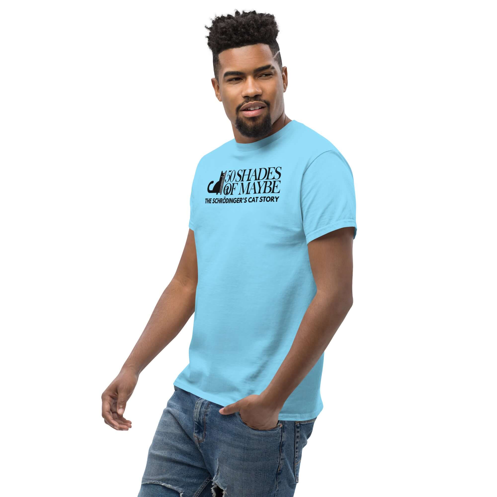 Man wearing blue '50 Shades of Maybe' Schrödinger's Cat parody t-shirt with cat silhouette, quantum physics humor design.