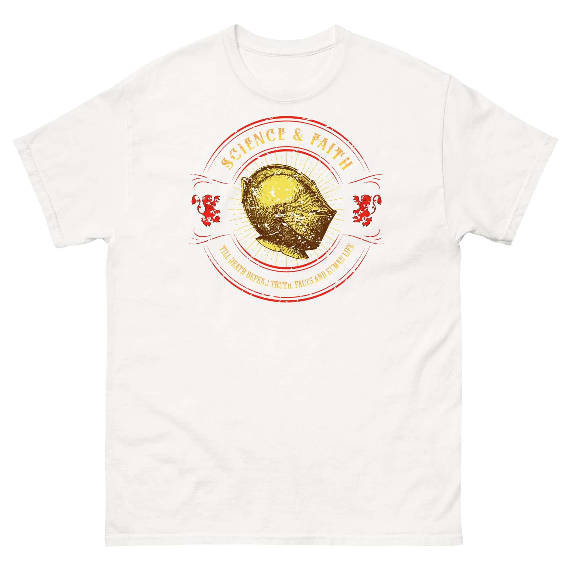 Science & Faith Medieval Knight T-Shirt with a knight's helmet design, ideal for fans of Renaissance Faires and astrophysics lectures.