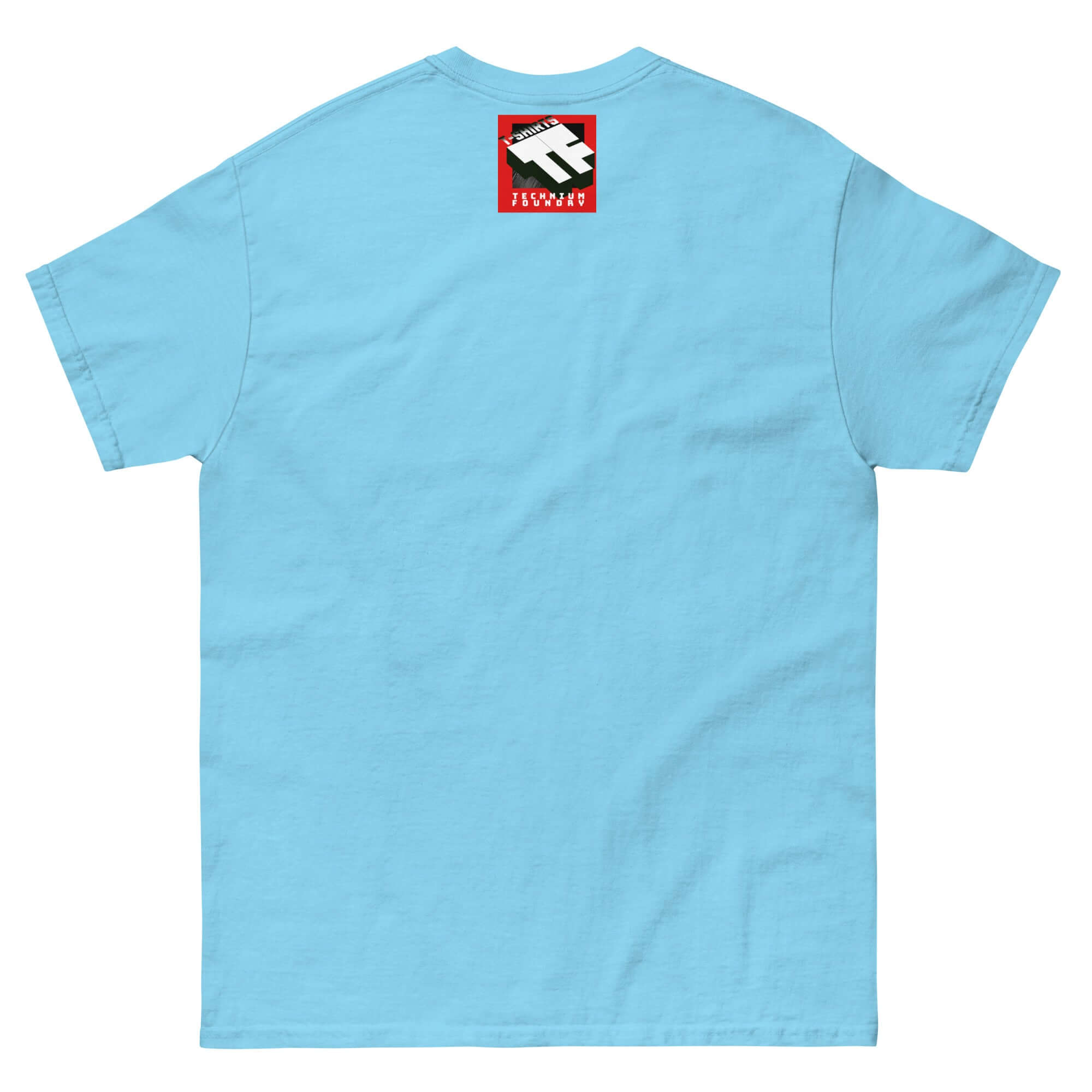 Science & Faith Medieval Knight T-Shirt, light blue with knight helmet print, back view. Intellectual Crusader Tee for modern thinkers.