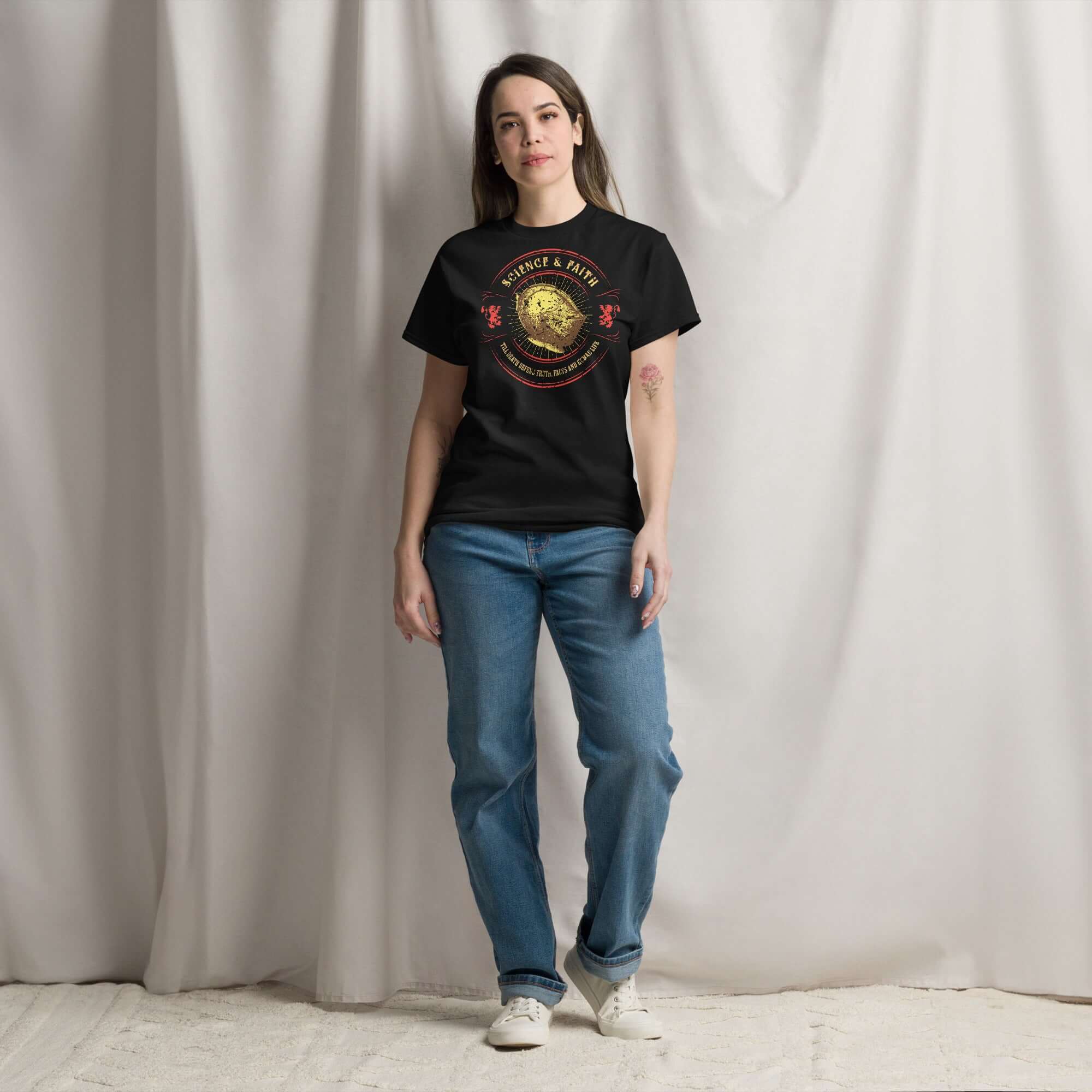 Woman wearing Science & Faith Medieval Knight T-Shirt, showcasing intellectual crusader design with a knight's helmet.