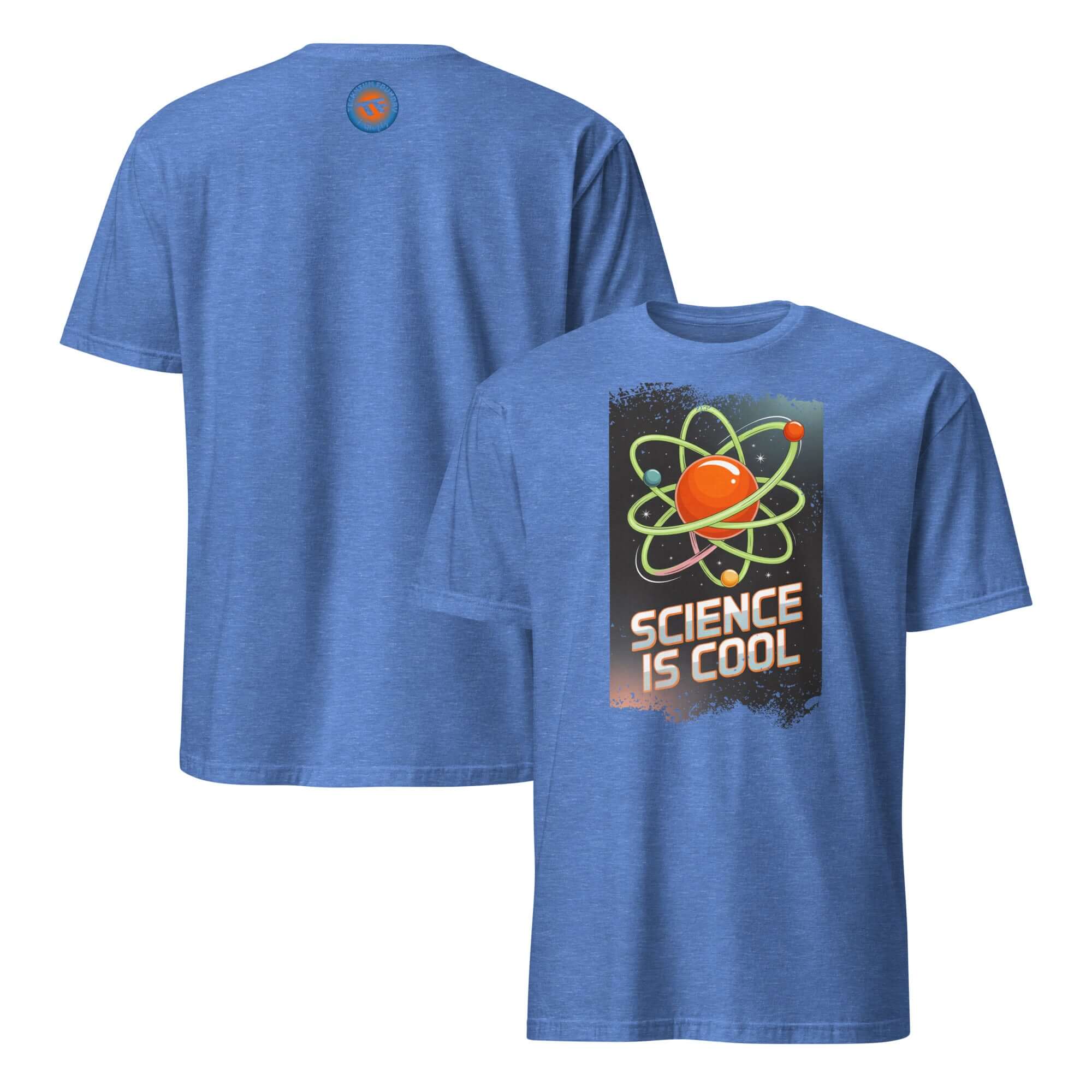 Blue "Science is Cool" T-shirt featuring atomic design, made of 100% ring-spun cotton, ideal for science enthusiasts and humor lovers.
