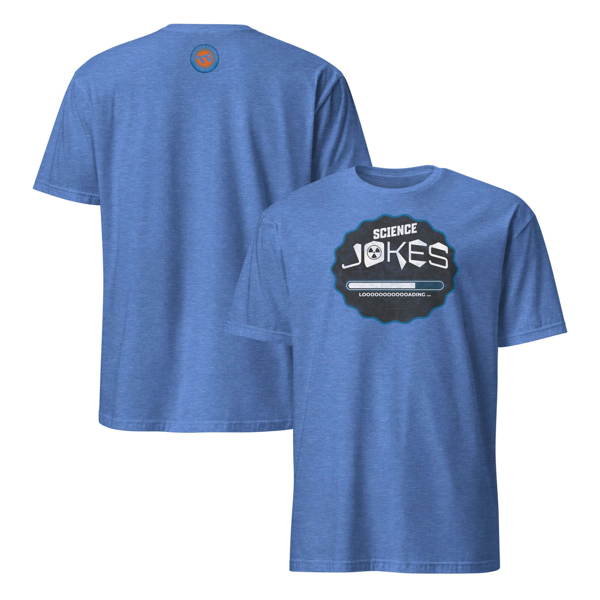 Blue t-shirt with 'Science Jokes' graphic, featuring a loading bar, perfect for fans of scientific humor and comedy apparel.