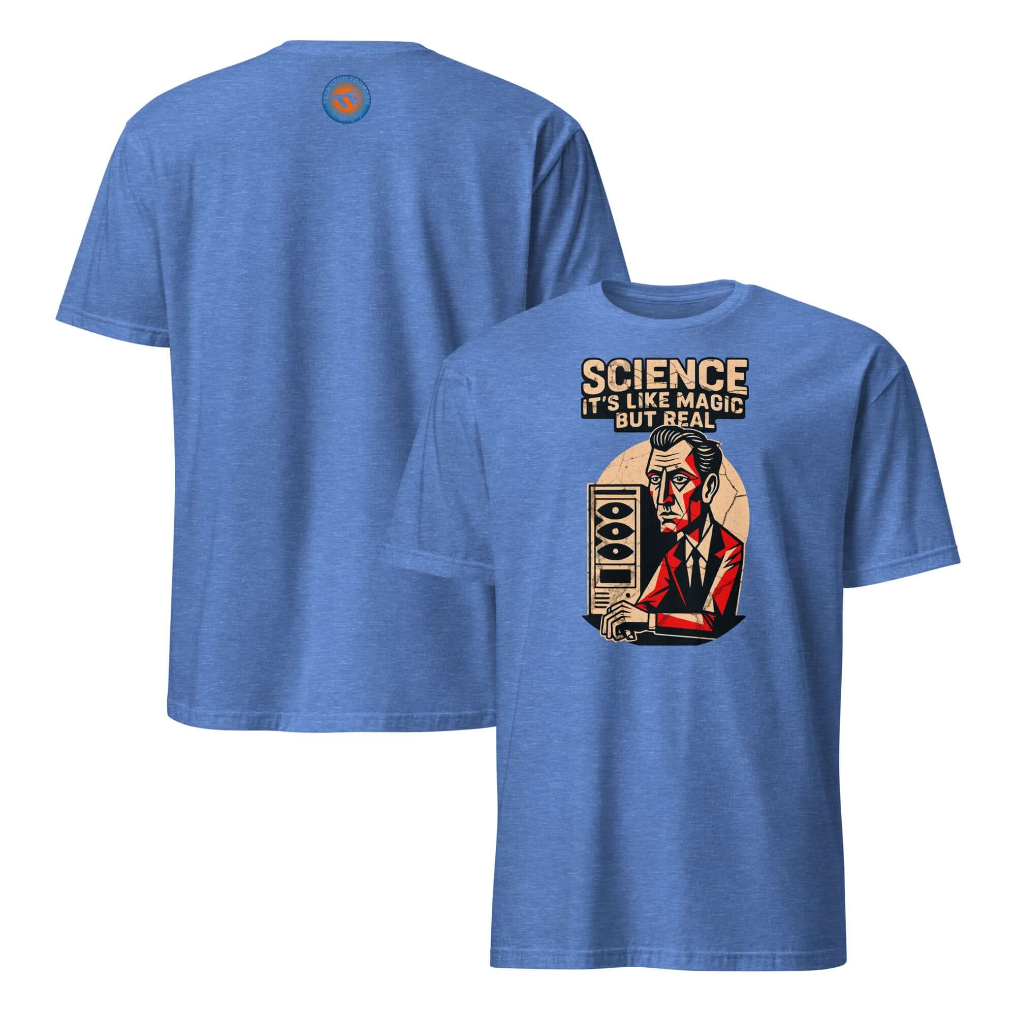 Blue t-shirt with "Science It's Like Magic But Real" design, featuring a formal gentleman illustration on the back.