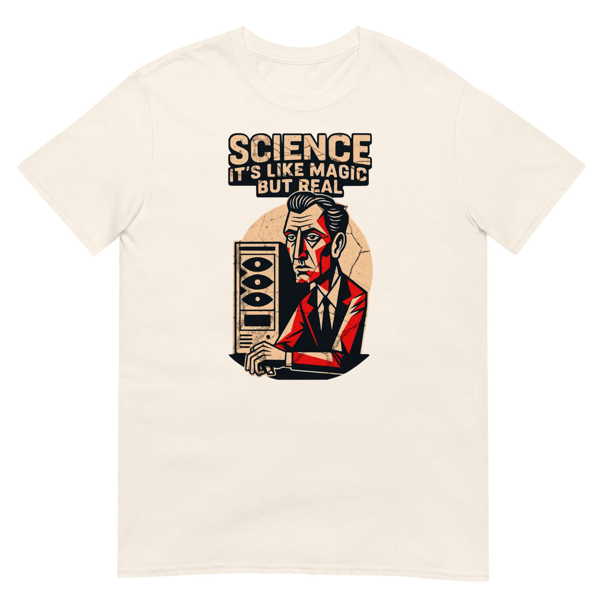Science t-shirt with 'It's Like Magic But Real' text and illustration of a distinguished gentleman, symbolizing empirical research humor.