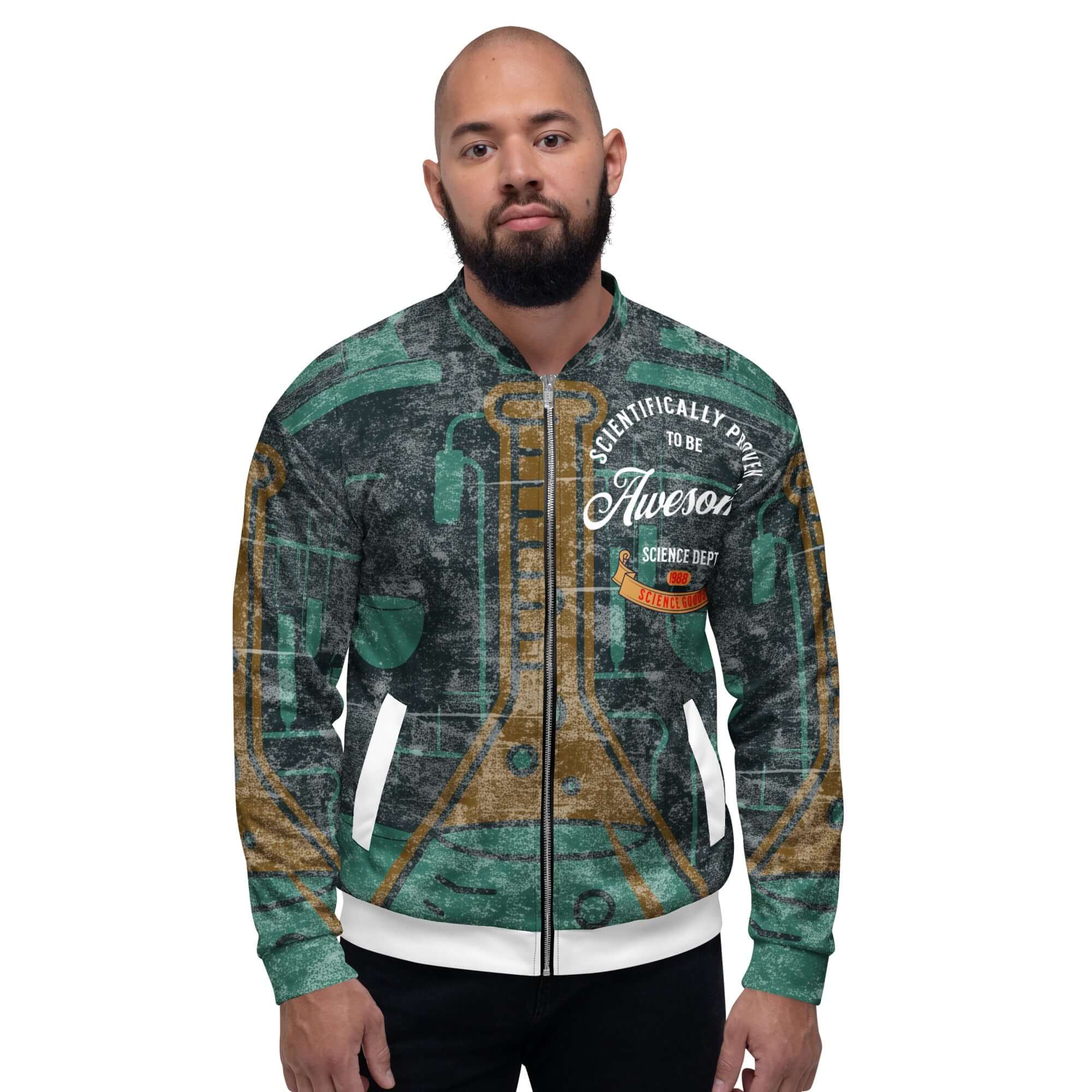 Man wearing a vintage bomber jacket with "Scientifically Proven to Be Awesome" design and science theme.