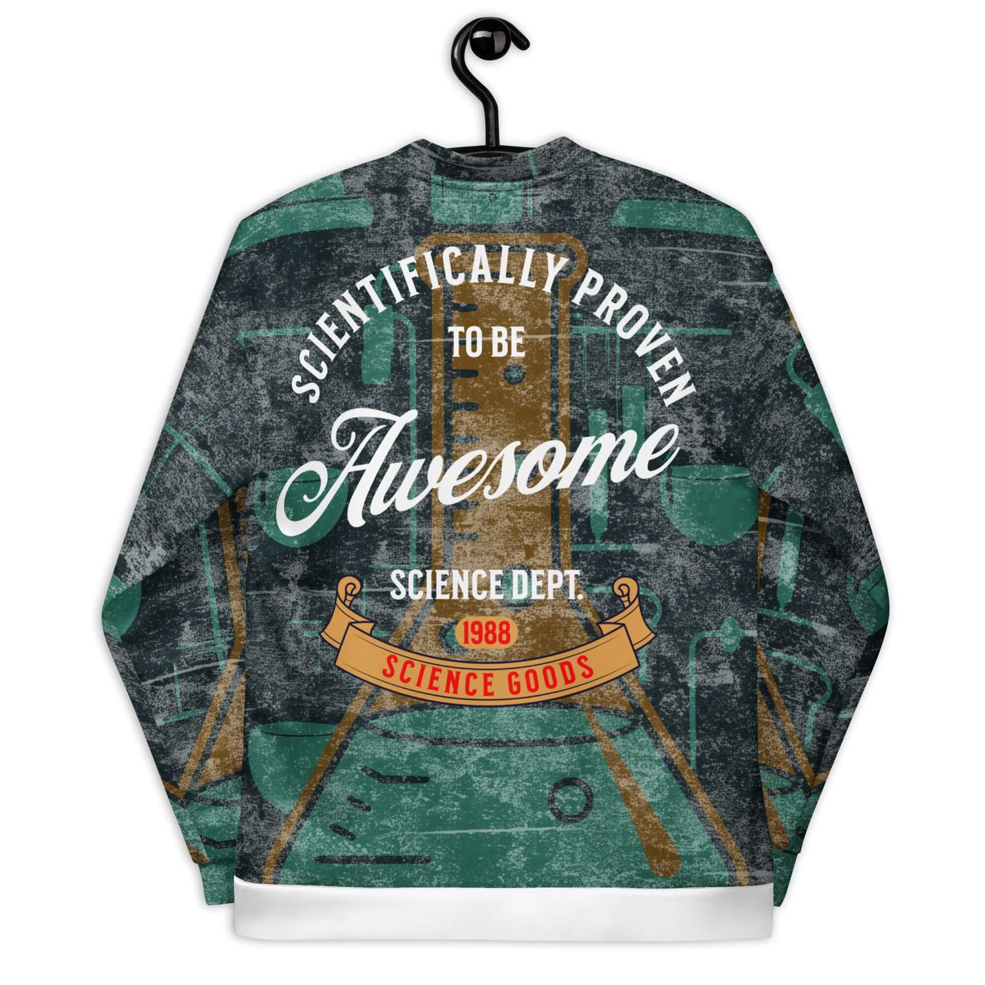 Vintage bomber jacket with 'Scientifically Proven to Be Awesome' text, featuring a science-themed design. Academic varsity style.