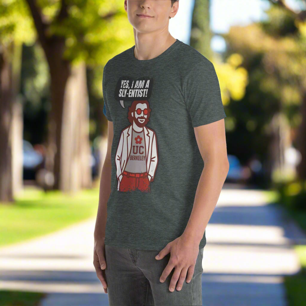 "Scientist T-Shirt featuring cartoon professor with 'YES, I AM A SLY-ENTIST!' text, ideal for humorous academic style."