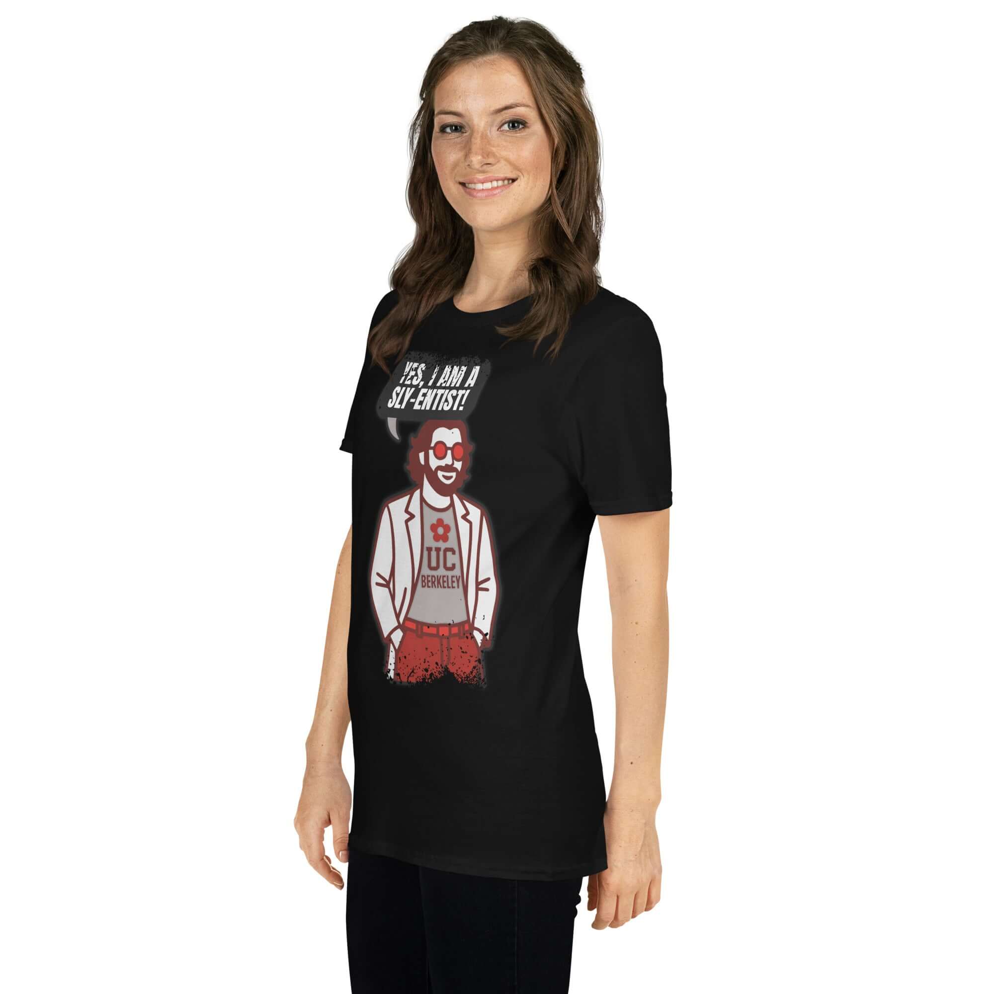 Woman wearing 'Yes I Am A Sly-entist' academic clown t-shirt with humorous science-themed design.