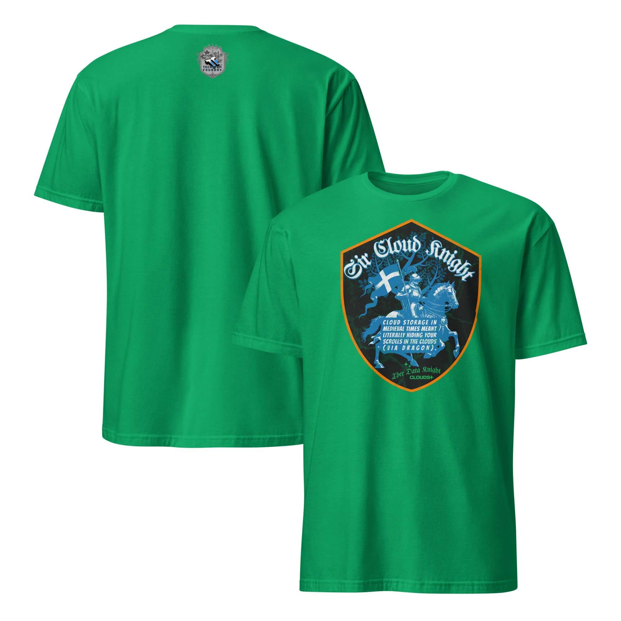 Green "Sir Cloud Knight" T-shirt featuring a knight on horseback with a shield emblem, blending medieval themes with tech humor.