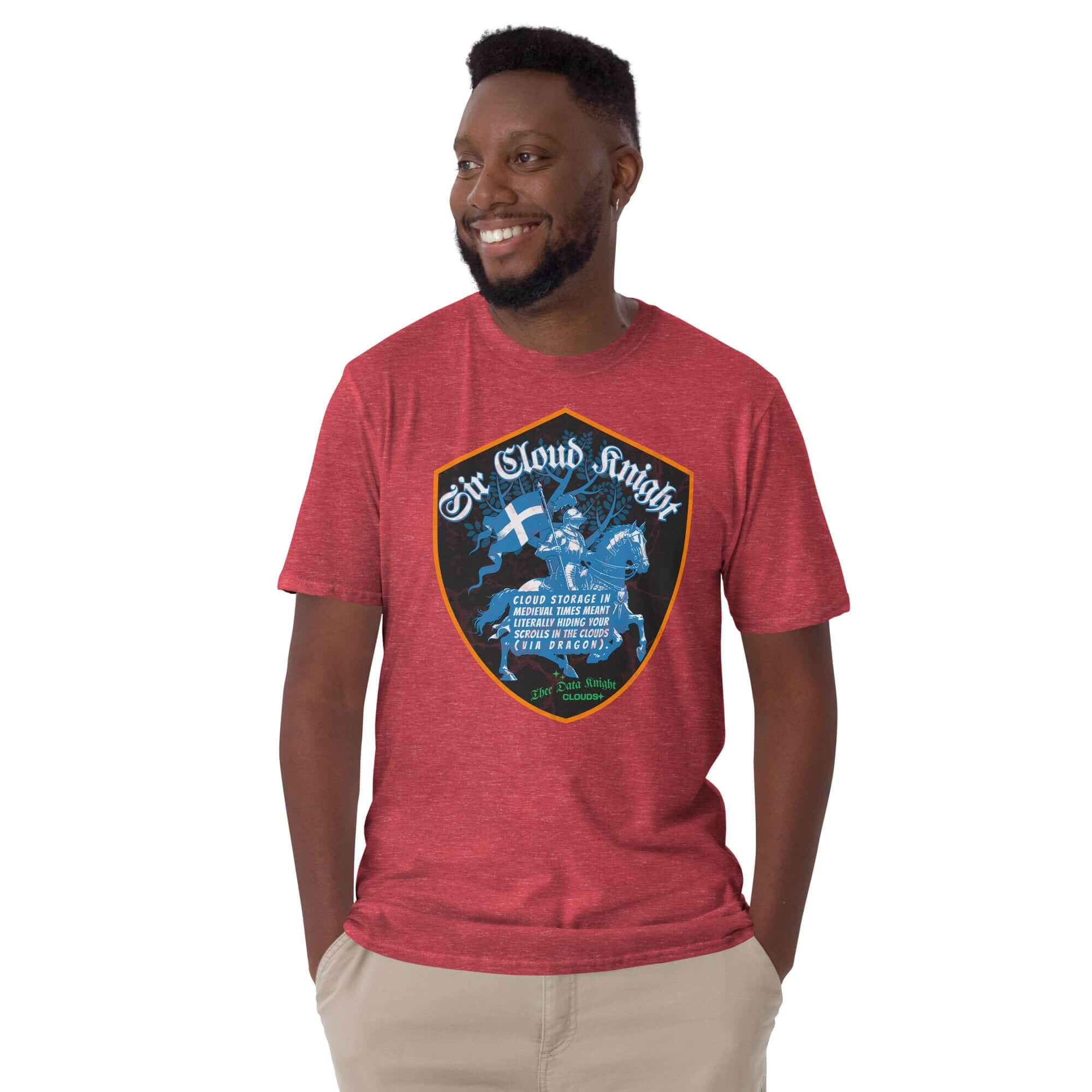 Man wearing Sir Cloud Knight T-shirt featuring medieval tech humor design with a knight on horseback and cybersecurity elements.