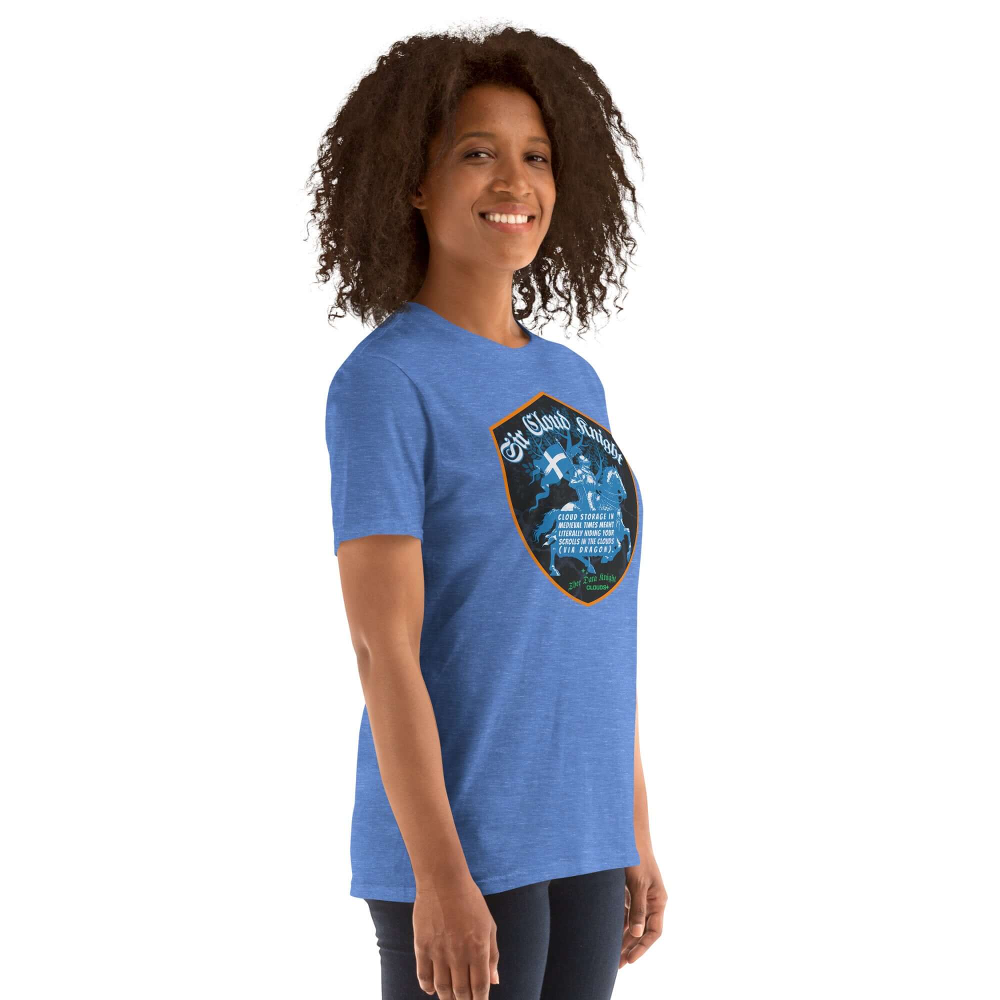 Person wearing Sir Cloud Knight T-Shirt, featuring medieval tech humor with gallant knight design and cybersecurity theme.
