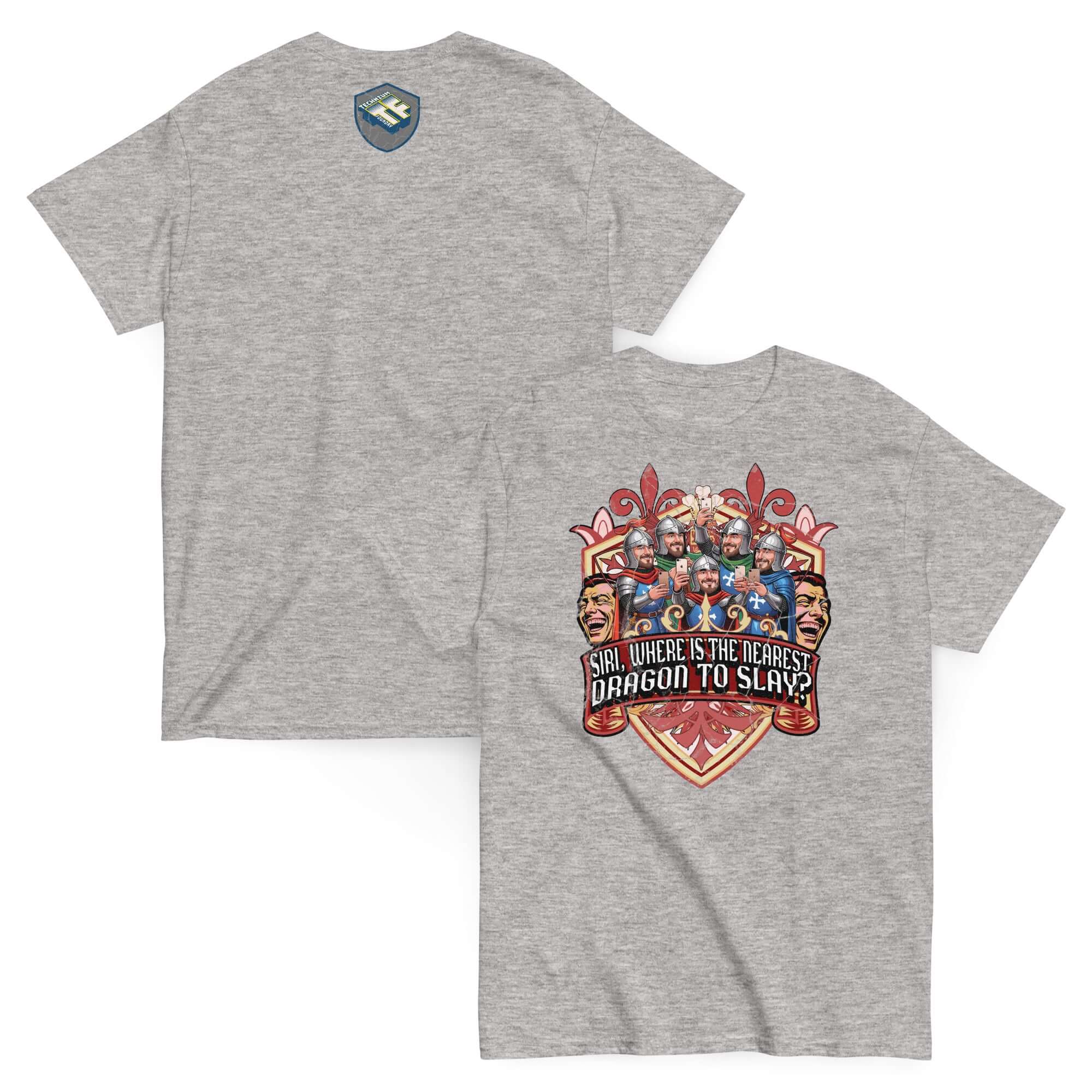 Medieval iPhone T-Shirt with knights and "SIRI WHERE IS THE NEAREST DRAGON TO SLAY?" text on a heraldic shield, gray color.