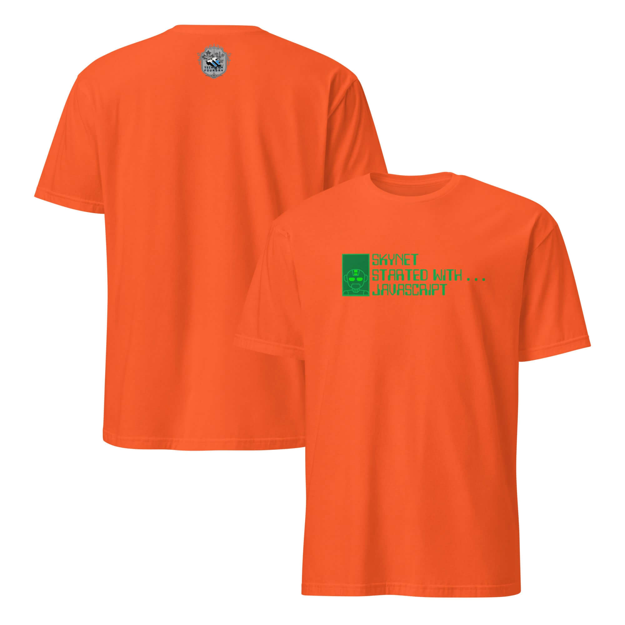Orange T-shirt featuring 'Skynet Started With JavaScript' design, highlighting AI programming humor and tech culture.