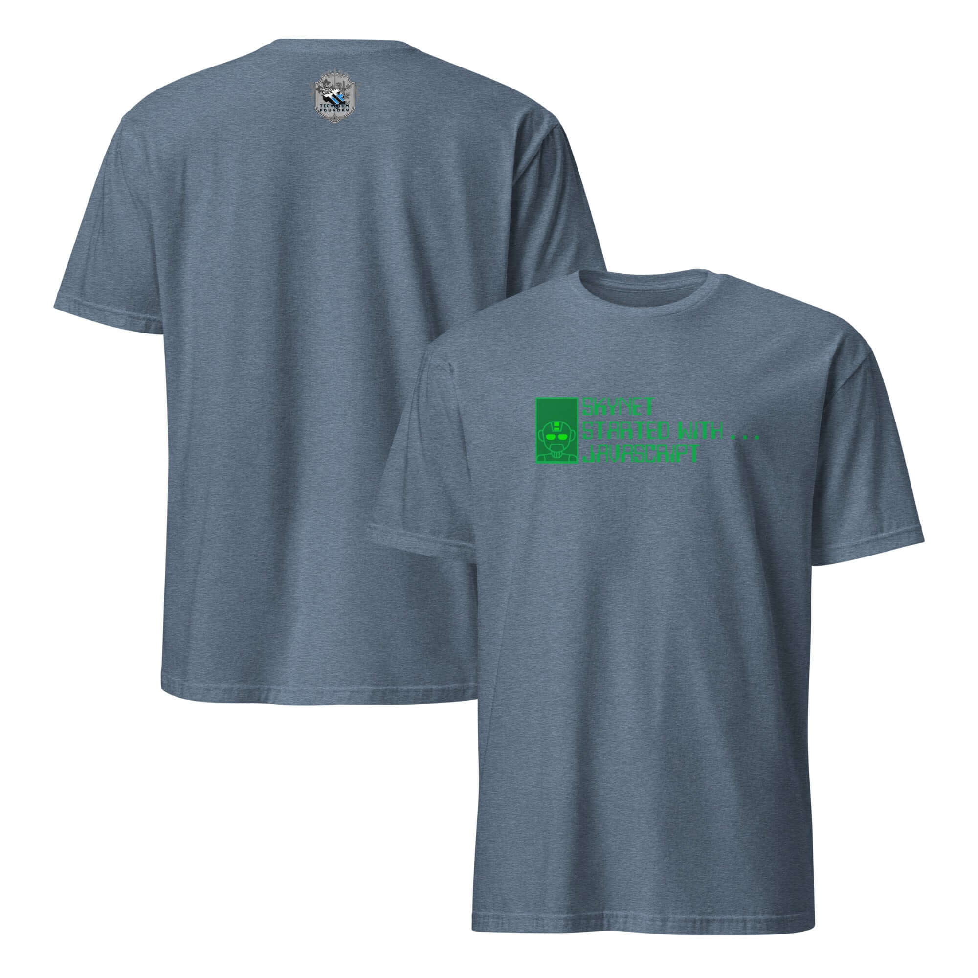 Skynet JavaScript T-Shirt featuring AI programming humor, showcasing a minimalist design with a witty tech-themed print.