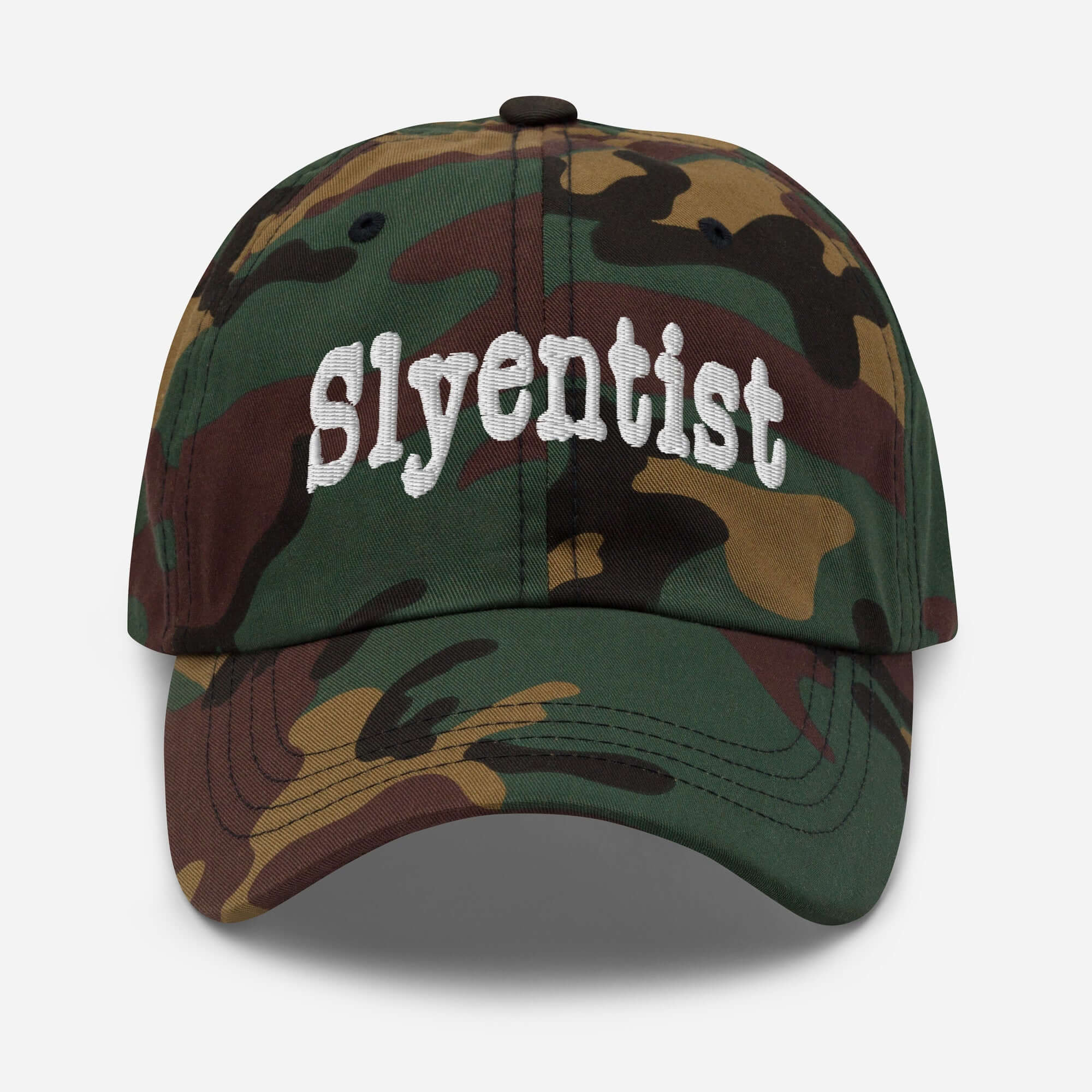 Slyentist camo baseball cap, perfect headwear for scientific professionals, featuring embroidered logo on green and brown camouflage.