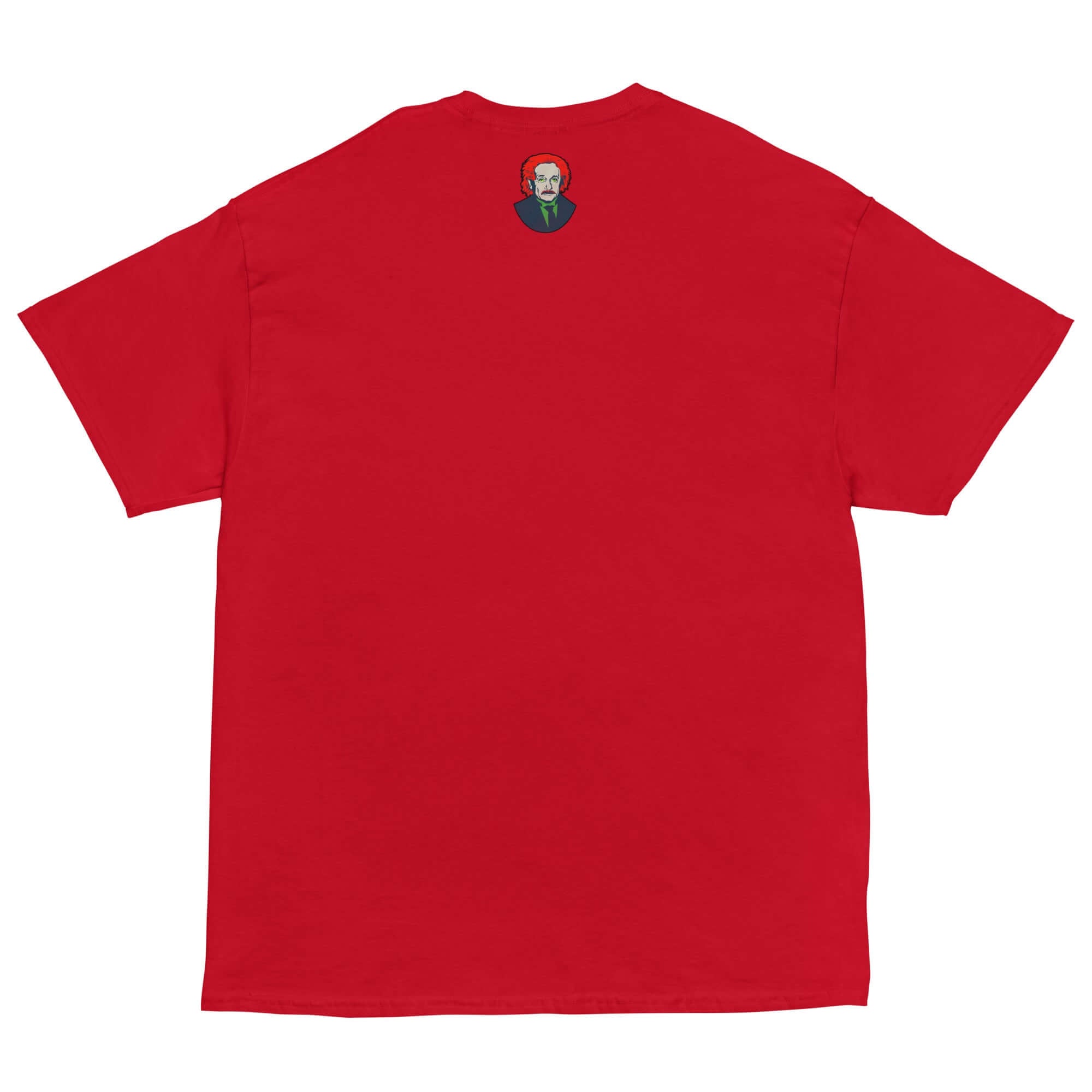 Red t-shirt with a small graphic of a scientist on the back, featuring a chemistry pun design for science enthusiasts.