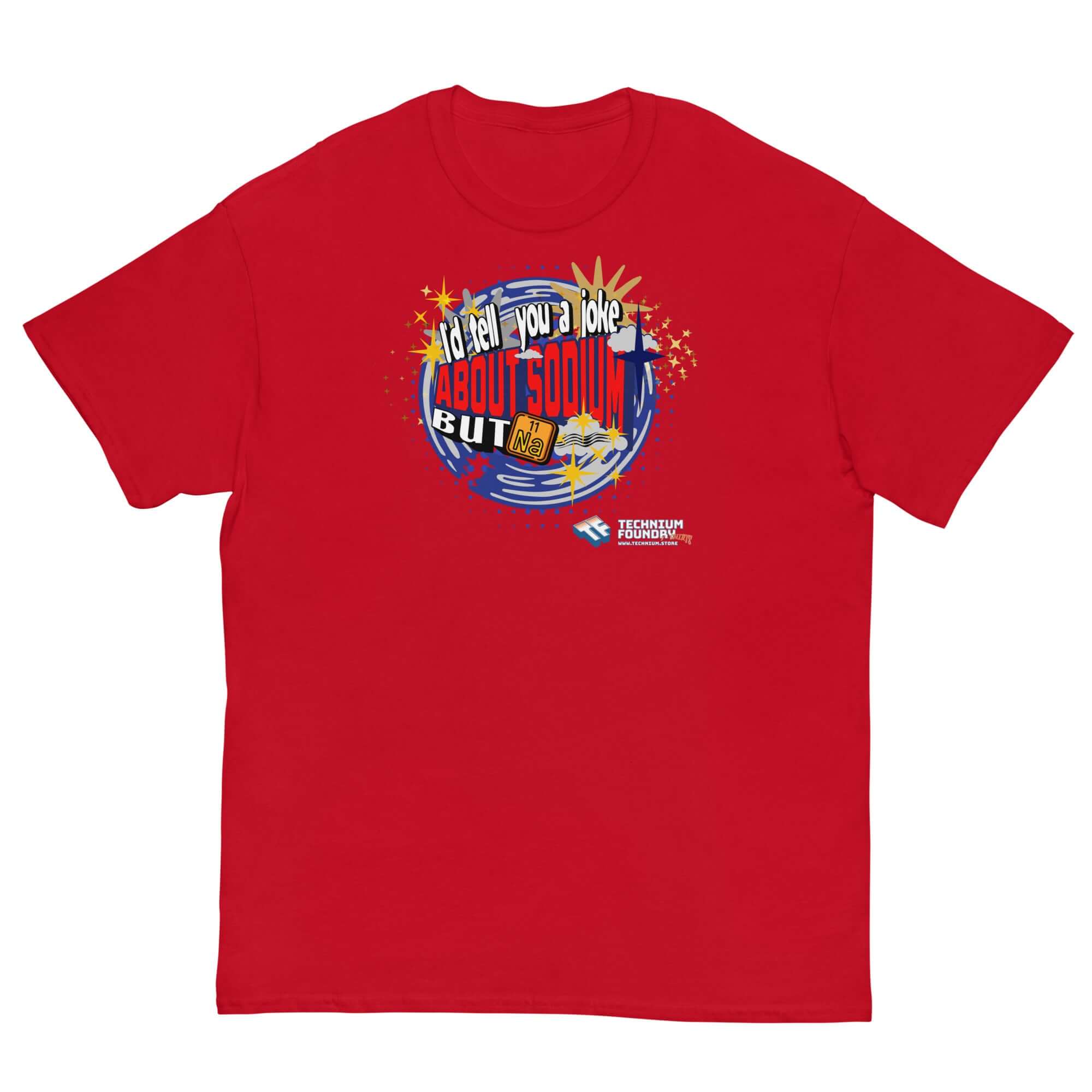 Red Sodium Chemistree Joke T-Shirt with cosmic blue swirl design, featuring periodic table humor for chemistry nerds.