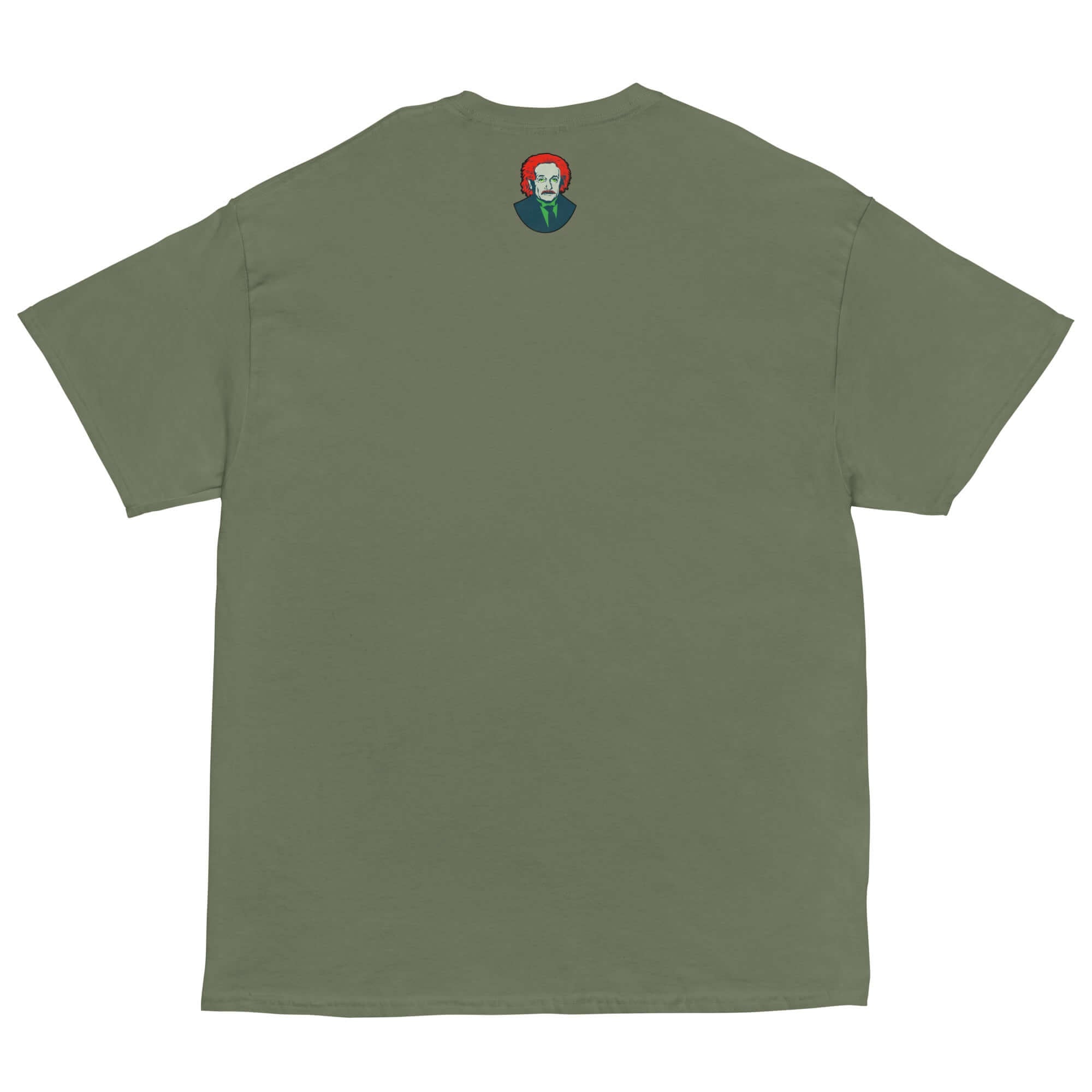 Olive green t-shirt with small periodic table element design, perfect for science enthusiasts and chemistry nerds who love humor.